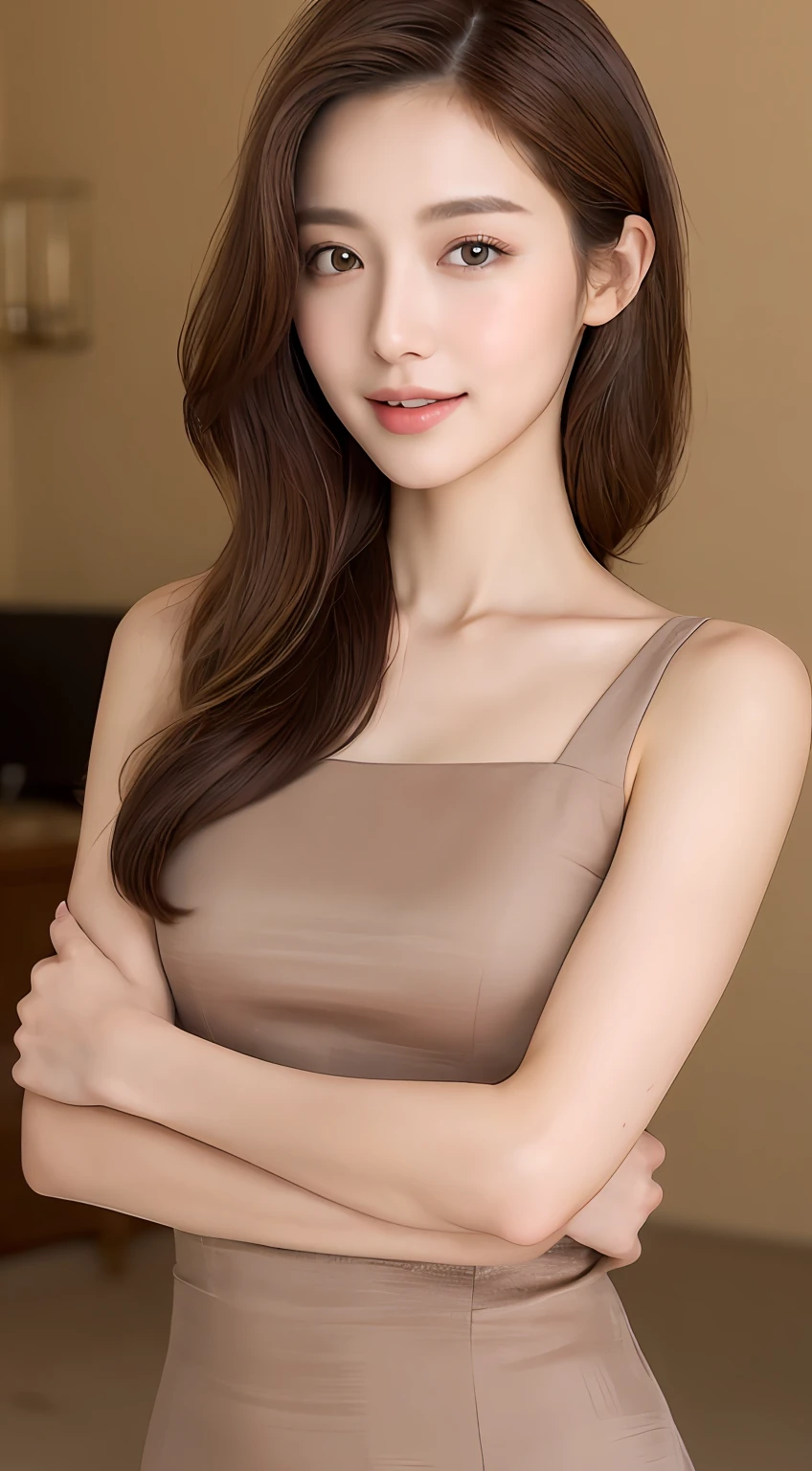 ((Best Quality, 8K, Masterpiece: 1.3)), 1 Girl, Slim Abs Beauty: 1.3, (Hairstyle Brown Hair Shortcut, Big: 1.2), Dress: 1.1, Super Slender Face, Delicate Eyes, Double Eyelids, Smile, Home, Raw Photo