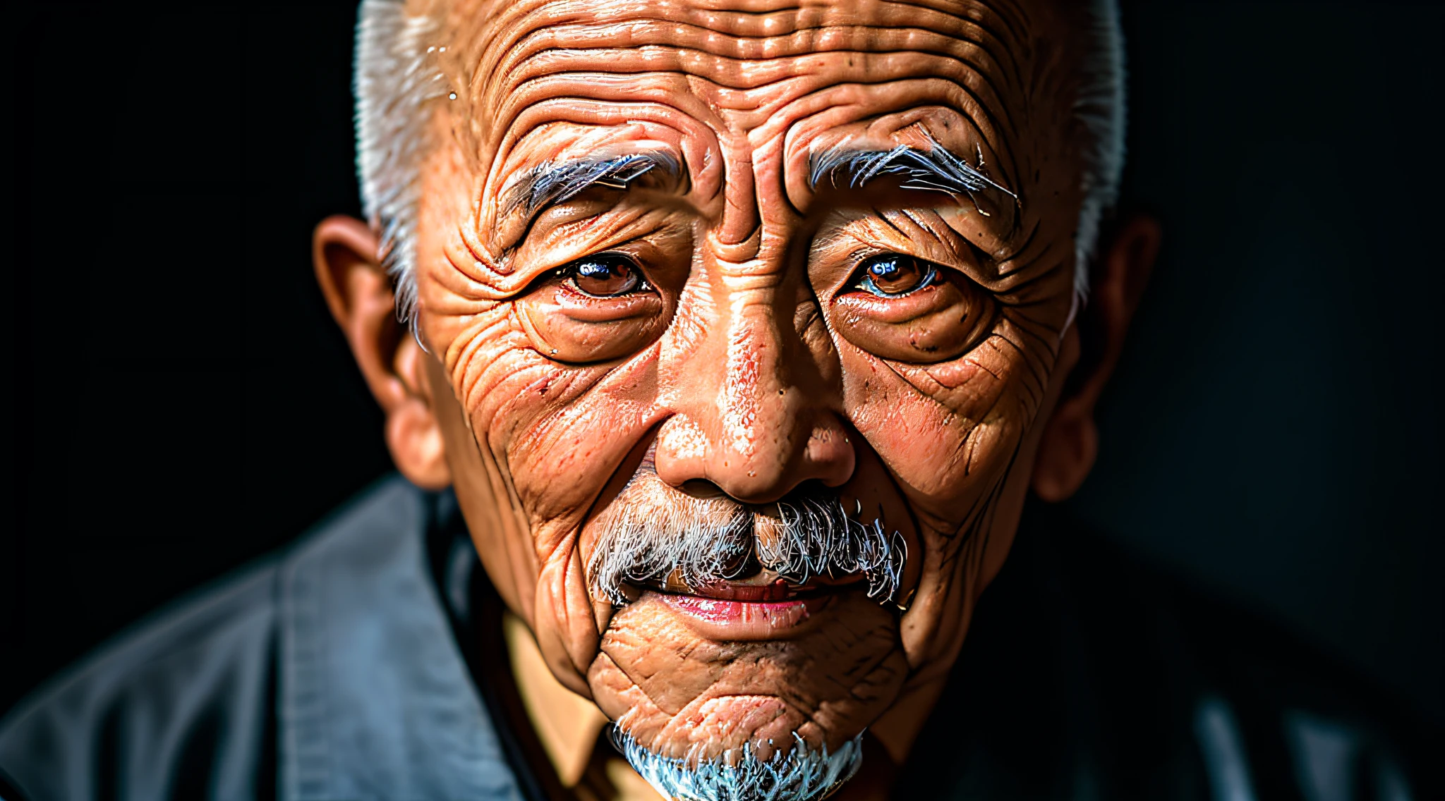 A photographic portrait of an elderly Chinese man, a wise ancient bald, with wrinkled and aged skin. His eyes have a penetrating gaze, and his face displays prominent details. The photograph was taken in a dark studio, with ring light illumination, using a Nikon D850 camera and a 50mm lens with f/1.4 aperture.