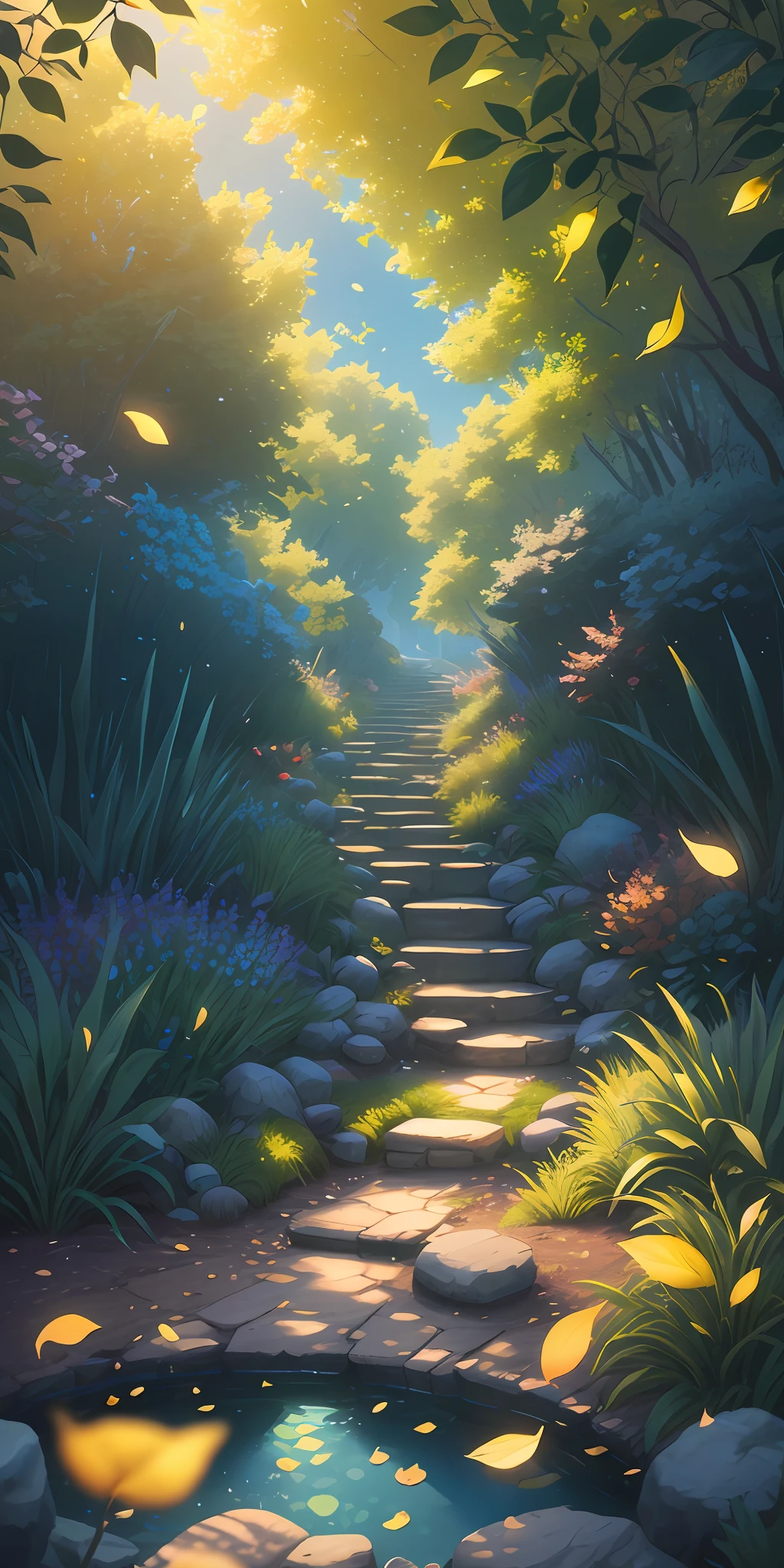 Masterpiece, best quality, (very detailed CG unity 8k wallpaper) (best quality), (best illustration), (best shadows) Nature', blue sea,delicate leaves petals of various colors falling in the air light Tracking, super detailed --v6