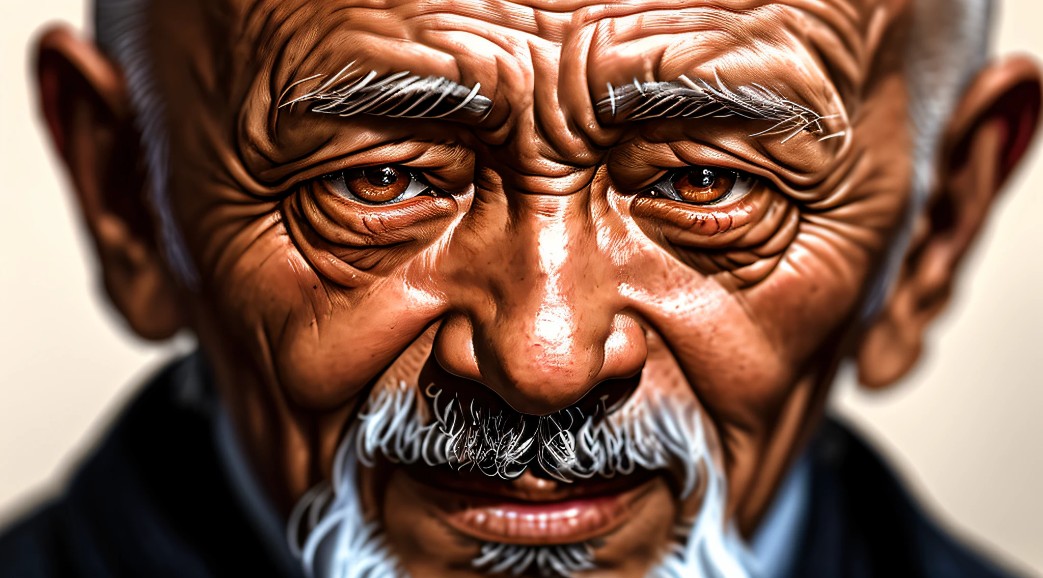 A photographic portrait of an elderly Chinese man, a wise ancient bald, with wrinkled and aged skin. His eyes have a penetrating gaze, and his face displays prominent details. The photograph was taken in a dark studio, with ring light illumination, using a Nikon D850 camera and a 50mm lens with f/1.4 aperture.