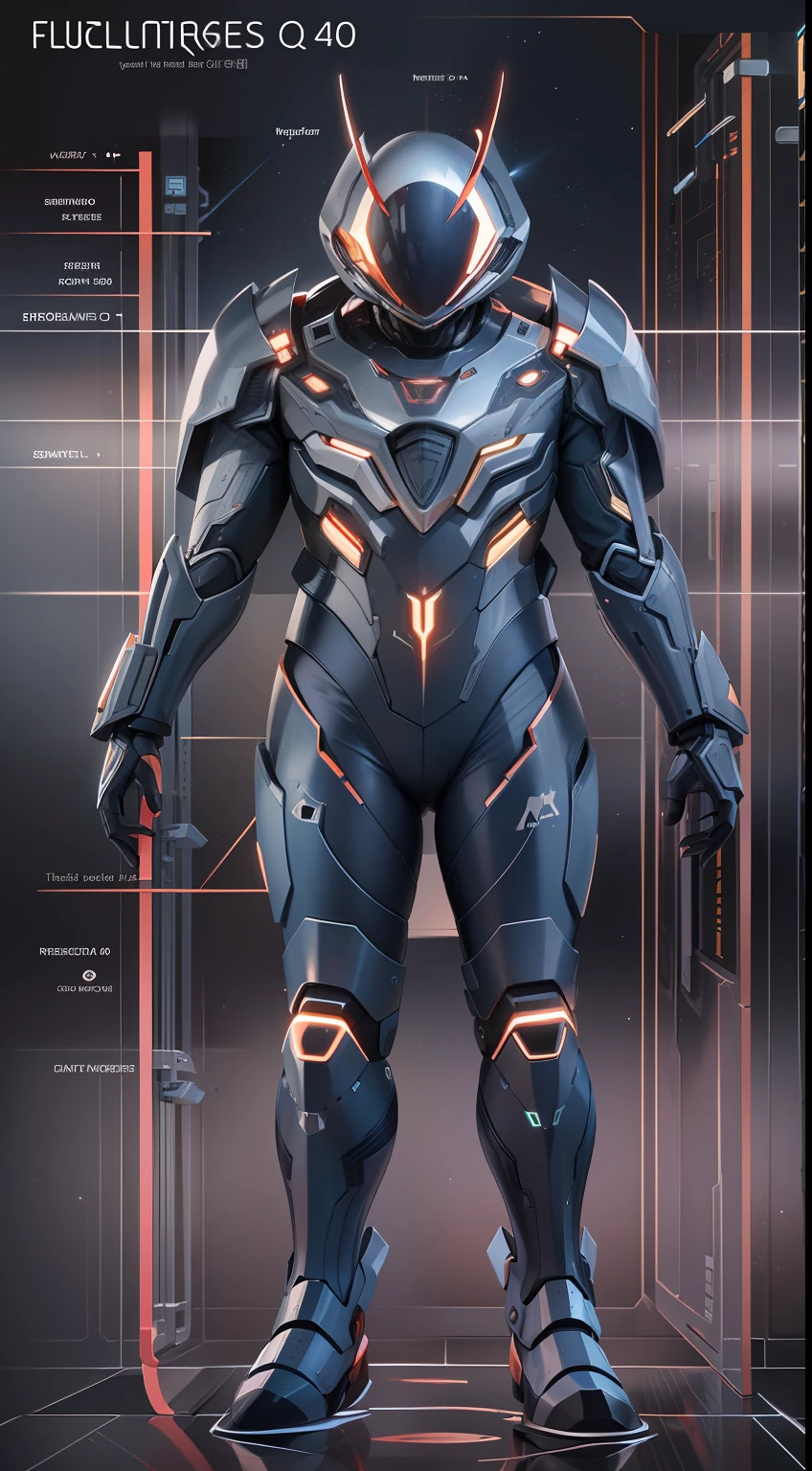 full body, The surface of the metal carapace has extremely sharp reflections，It has a streamlined curve and transitionally sharp creases，Navy space suit in dark colors that has the ribs of a living being with glowing veins across the surface. The eva on its back a mixture of carapace, technology, and electronics,（tmasterpiece），（high qulity）， best qualtiy， Realiy， （Realistis）， ultra-detailliert， （fulldetail）， （4k），8k，