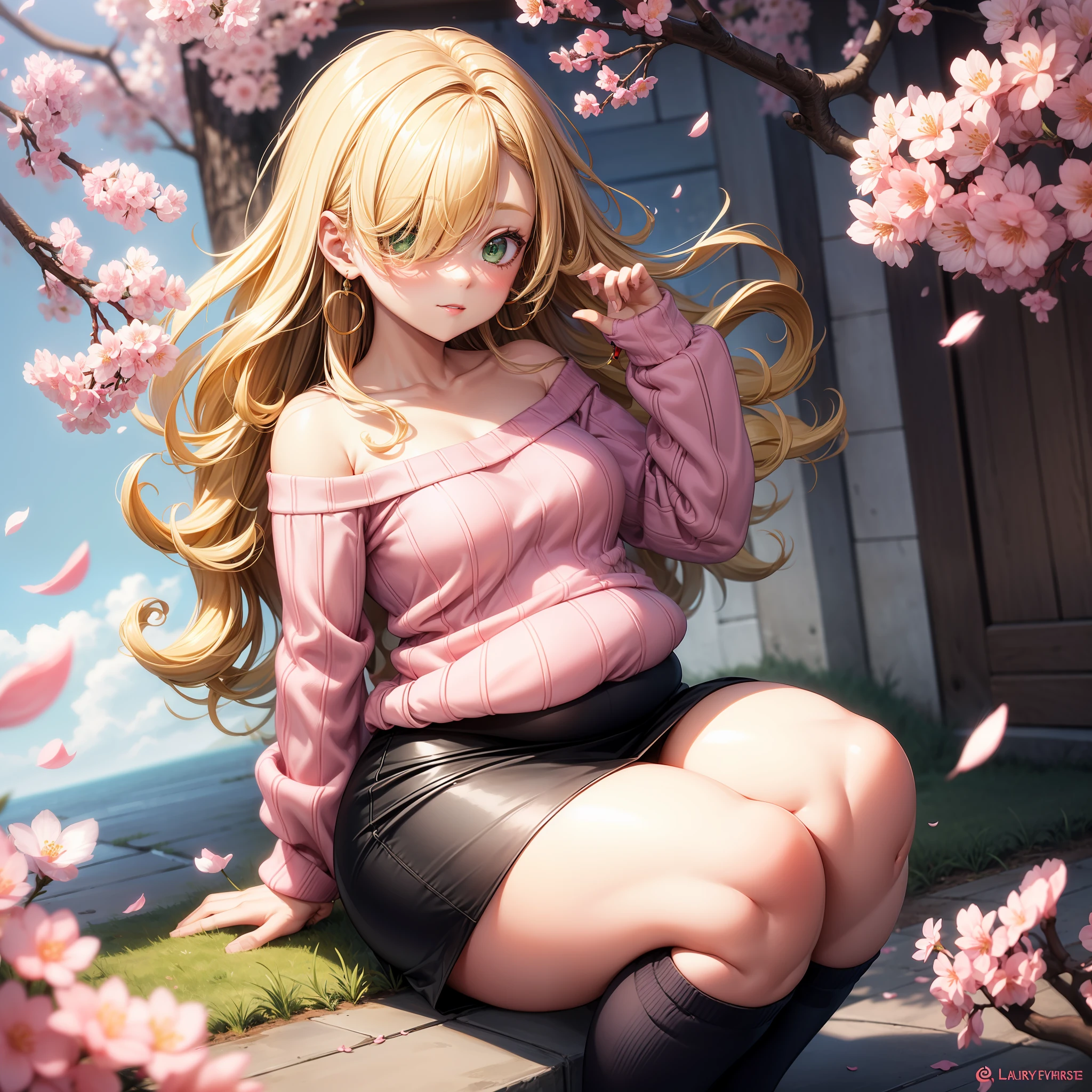 Blonde hair, (1girl), green eyes, hair over one eye, curly hair, small breasts, (chubby:1.3), thick thighs, big hips, black skirt, pink earrings, cherry blossoms, pink sweater, off shoulder sweater, black stockings, pink shoes, pink flower pin, portrait