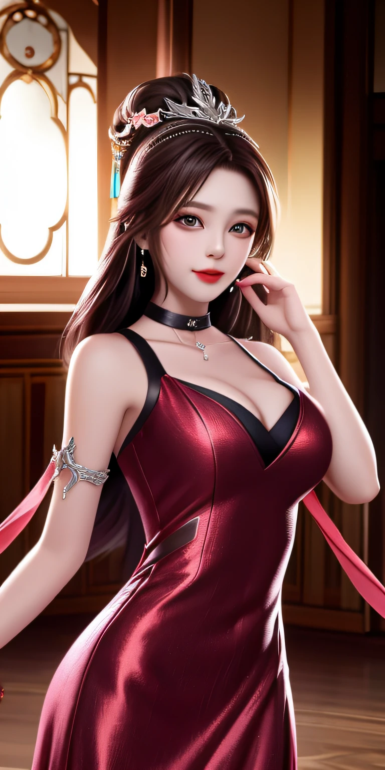 best qualtiy, tmasterpiece, A high resolution, 1girll,Bigchest,huge tit, Clear red silk porcelain dress, beauitful face, hair adornments, looking at viewert, ssmile, Shut your mouth, cparted lips, shift dresses, hair adornments, choker necklace, jewely, long whitr hair, 耳Nipple Ring, beauitful face, upon body, Tyndall effect, hentail realism, Dark Studio, edge lit, twotonelighting, (highdetailskin: 1.2), 8K, Ultra HD, digital SLR camera, softlighting, high high quality, Volumetriclighting, photore, High resolution 4K, 8K, The background is blurred out