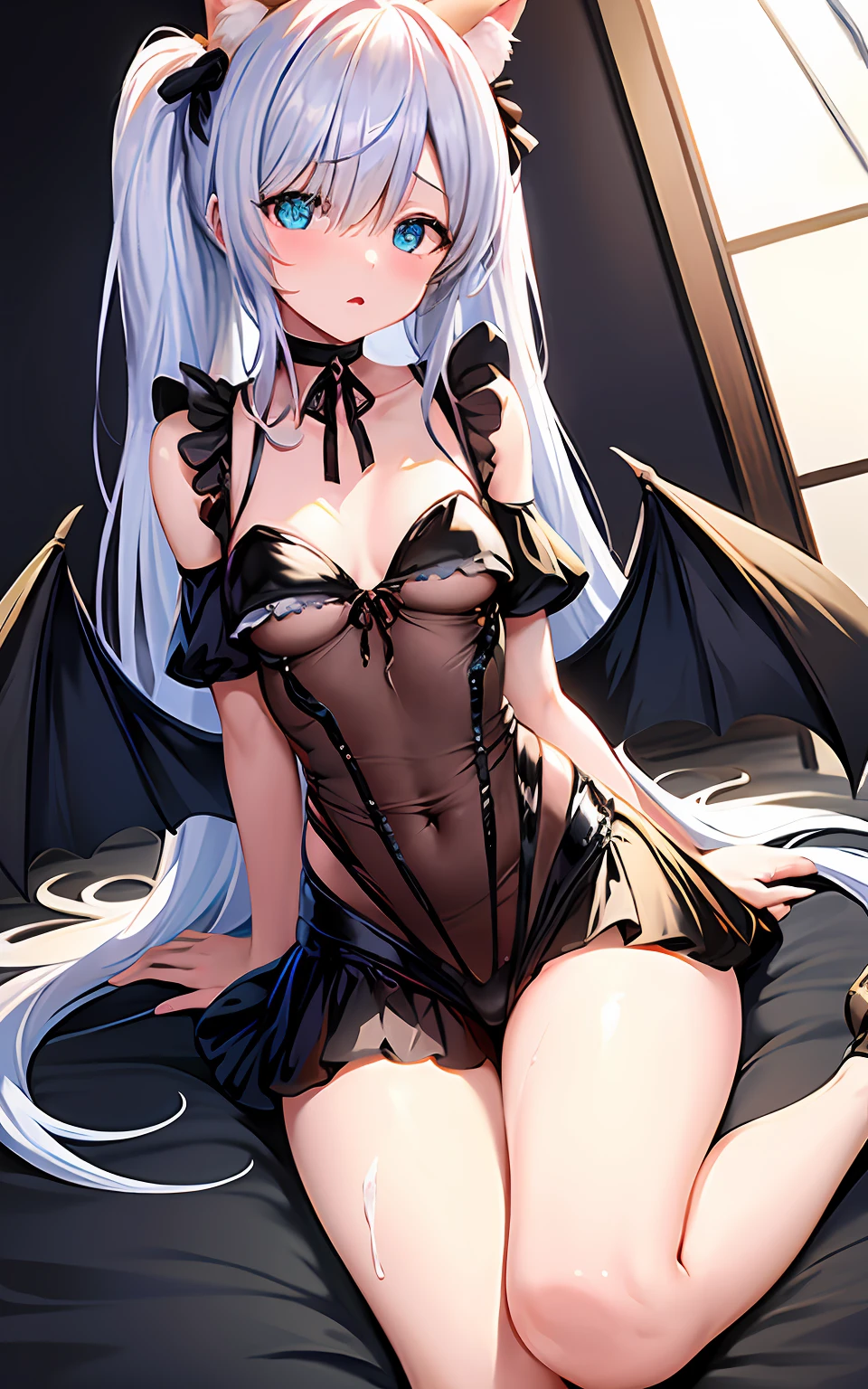 tmasterpiece,1girll,独奏,Cat ears,Double tail,hair on one eye,demon_wings,little breast,blue_eyes,Be red in the face,with her mouth open,Low wings,Torn legs,(kneeling down:1.3),Bind arms,(shackle)),Shibari,ropes,(Behind the arm:1.4),inside in room,,It shows a delicate and slender figure and beautiful curves,((Correct limbs)),sit on urinal,Bare legged,leg loops,Cover the whole body with yogurt,white liquid all over body,(Milk flows from the breast),Blushlush,strappy,band,