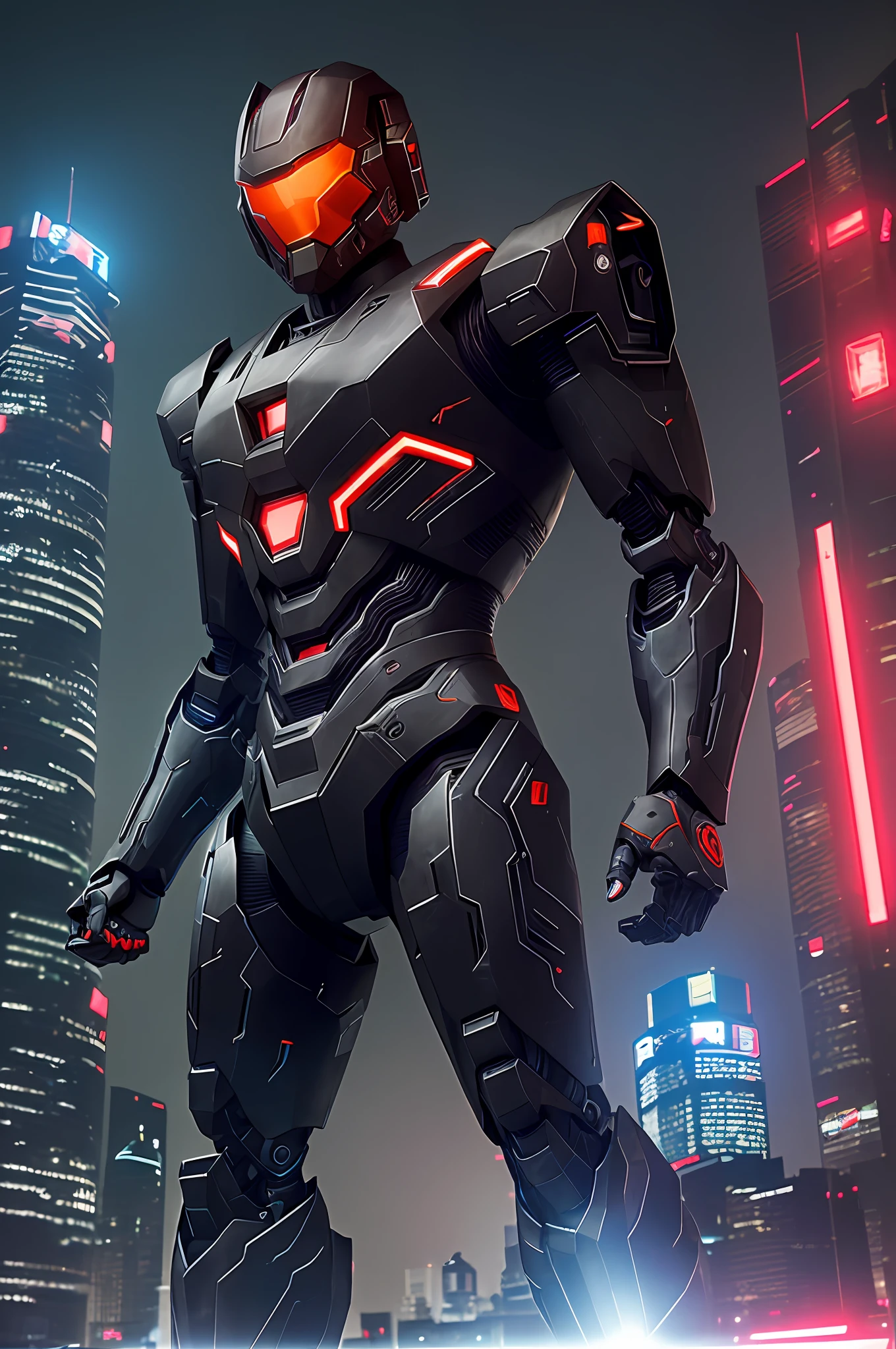 Powerful male robot,Strong, With weapons, Sci-fi effect, Located on the roof in the heart of Guangzhou, Dark style, radiating a glow,wide lens shot, Black Themes, Red shimmer,, Halo, Large depth of field, Cinematic darkness, Ultra HD Weapon in hand,Look ahead