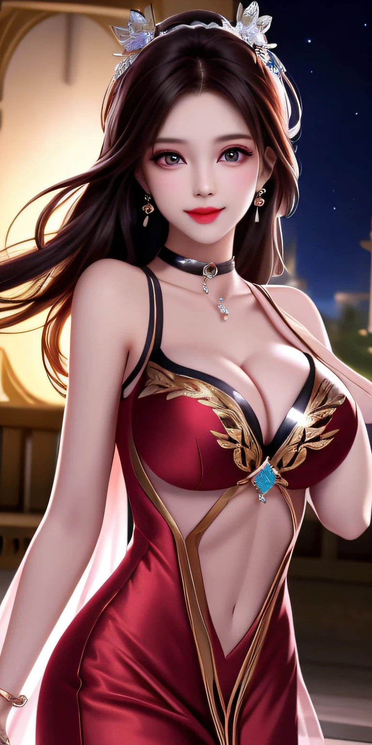 best qualtiy, tmasterpiece, A high resolution, 1girll,Bigchest,huge tit, Clear red silk porcelain dress, beauitful face, hair adornments, looking at viewert, ssmile, Shut your mouth, cparted lips, shift dresses, hair adornments, choker necklace, jewely, long whitr hair, 耳Nipple Ring, beauitful face, upon body, Tyndall effect, hentail realism, Dark Studio, edge lit, twotonelighting, (highdetailskin: 1.2), 8K, Ultra HD, digital SLR camera, softlighting, high high quality, Volumetriclighting, photore, High resolution 4K, 8K, The background is blurred out