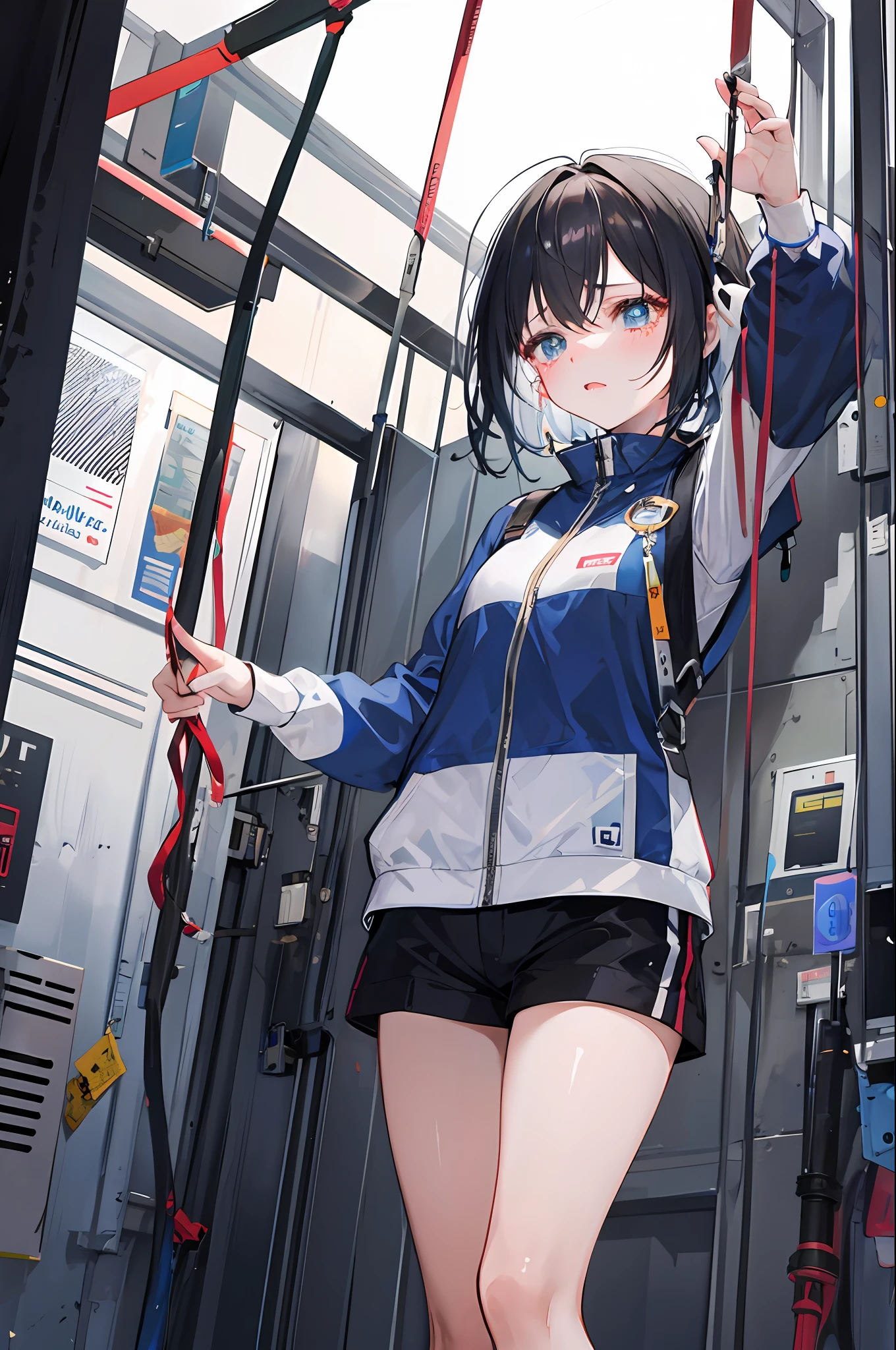 A cute teen fairy girl with black short hair wearing a boiler uniform, trapped in a cage trying to get out she is crying, frustrated expression