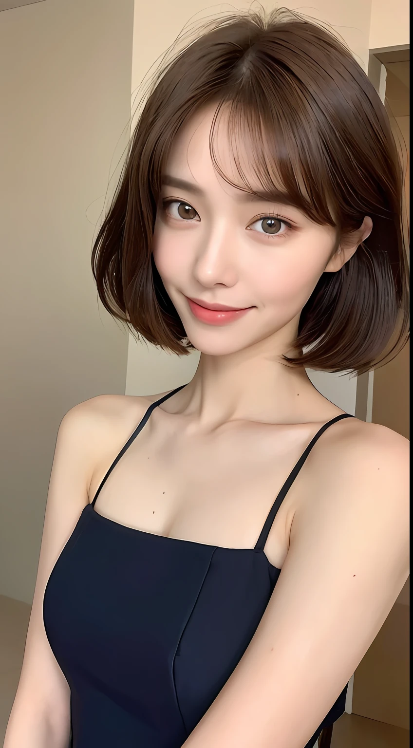 ((Best Quality, 8K, Masterpiece: 1.3)), 1 Girl, Slim Abs Beauty: 1.3, (Hairstyle Brown Hair Shortcut, Big: 1.2), Dress: 1.1, Super Slender Face, Delicate Eyes, Double Eyelids, Smile, Home, Raw Photo