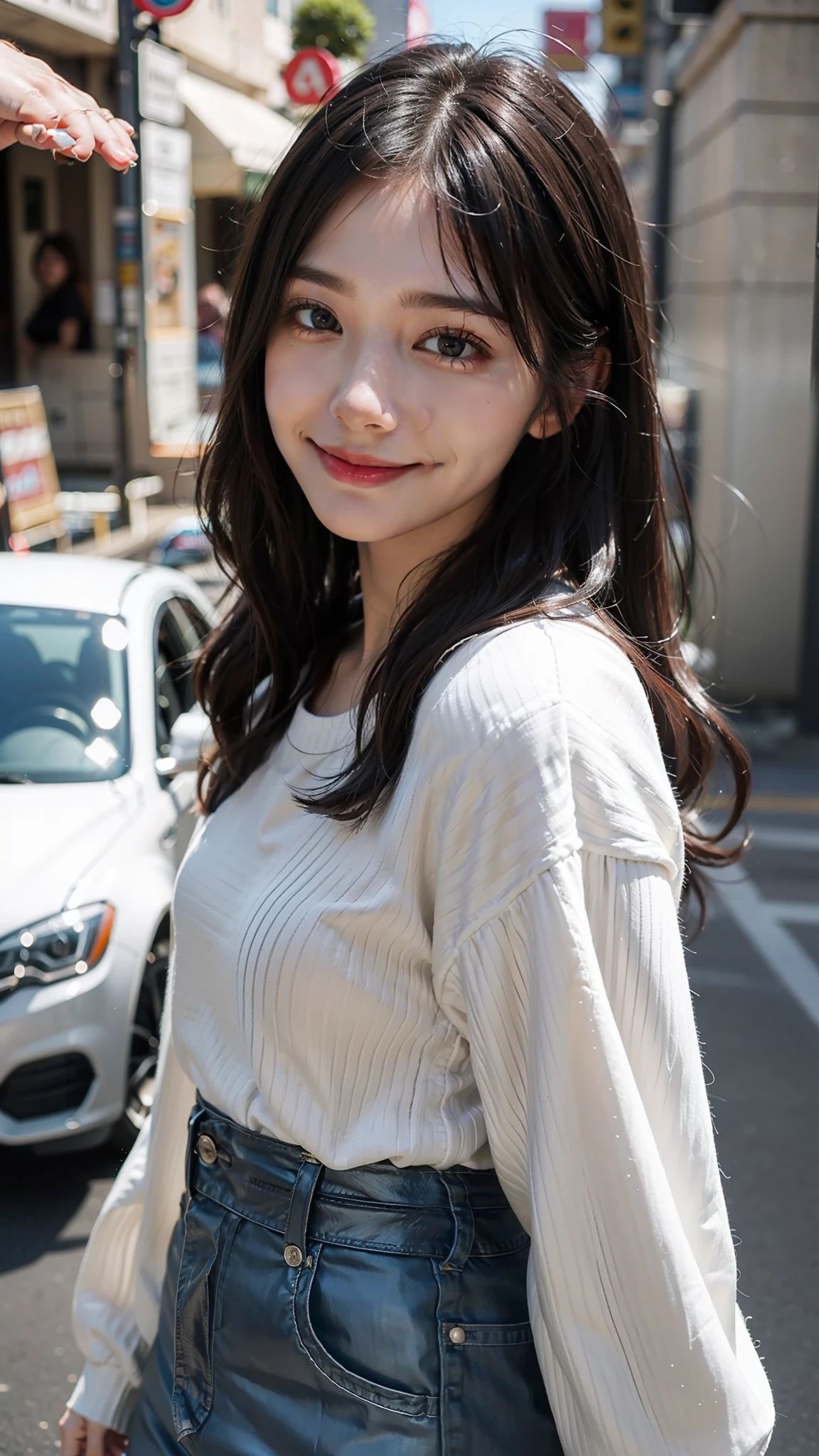 A woman in her 20s, smiling, cute, facing here, very close, 4K, 4D,