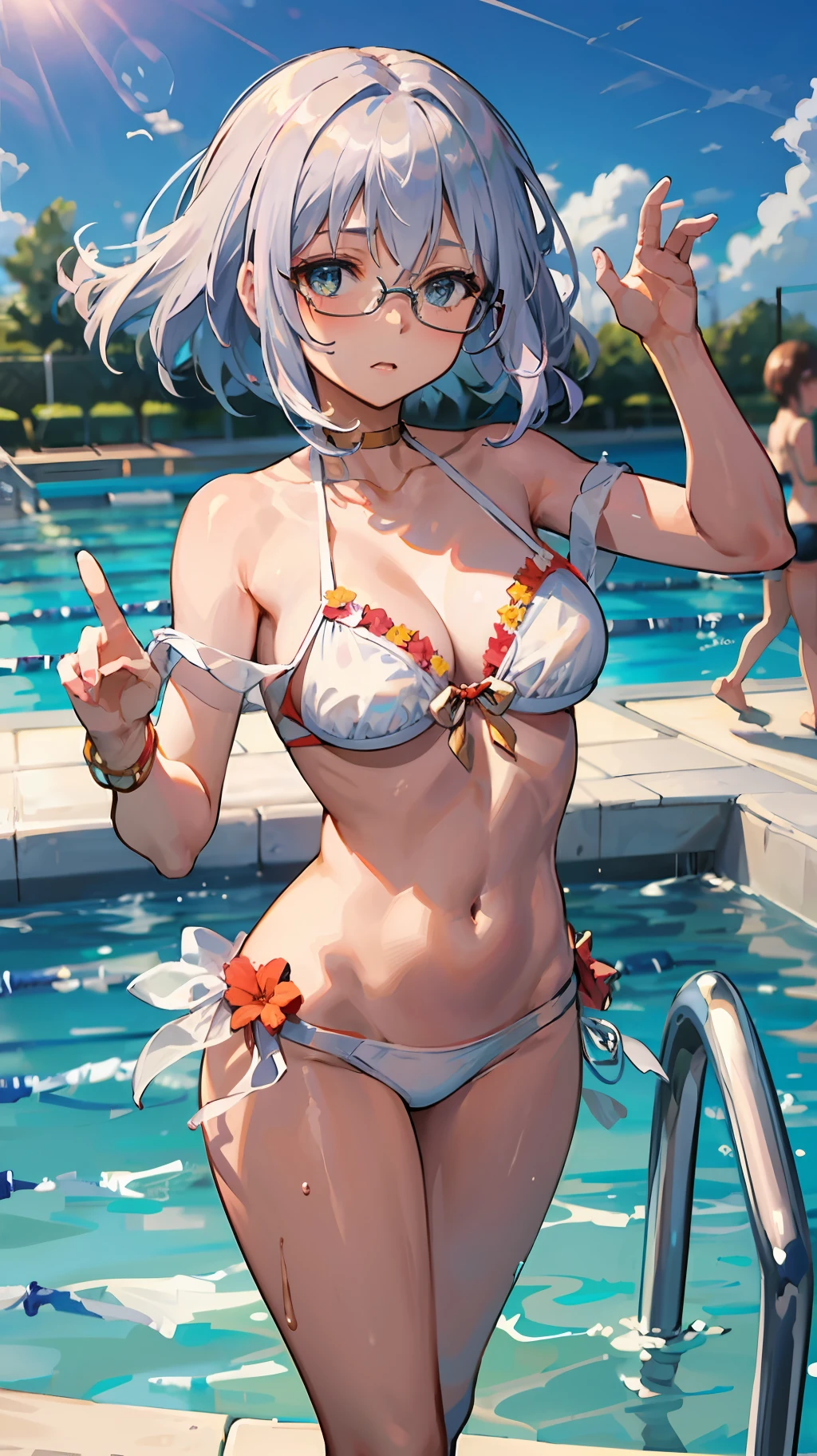 ((masterpiece)),((face focus)),(dynamic pose),Dive from the diving board into the pool,BREAK (((see through))),((white sailor swimsuit)),(small breasts:1.1),,glasses,short hair, (silver hair),hair blowing in the wind,(troll face), aqua eyes,BREAK,summer,fantastic sunshine,Sun light,big splash