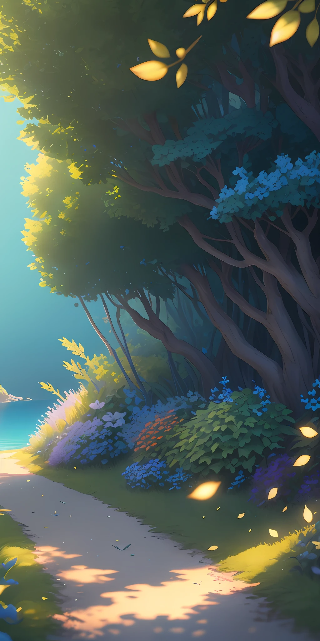 Masterpiece, best quality, (very detailed CG unity 8k wallpaper) (best quality), (best illustration), (best shadows) Nature', blue sea,delicate leaves petals of various colors falling in the air light Tracking, super detailed --v6