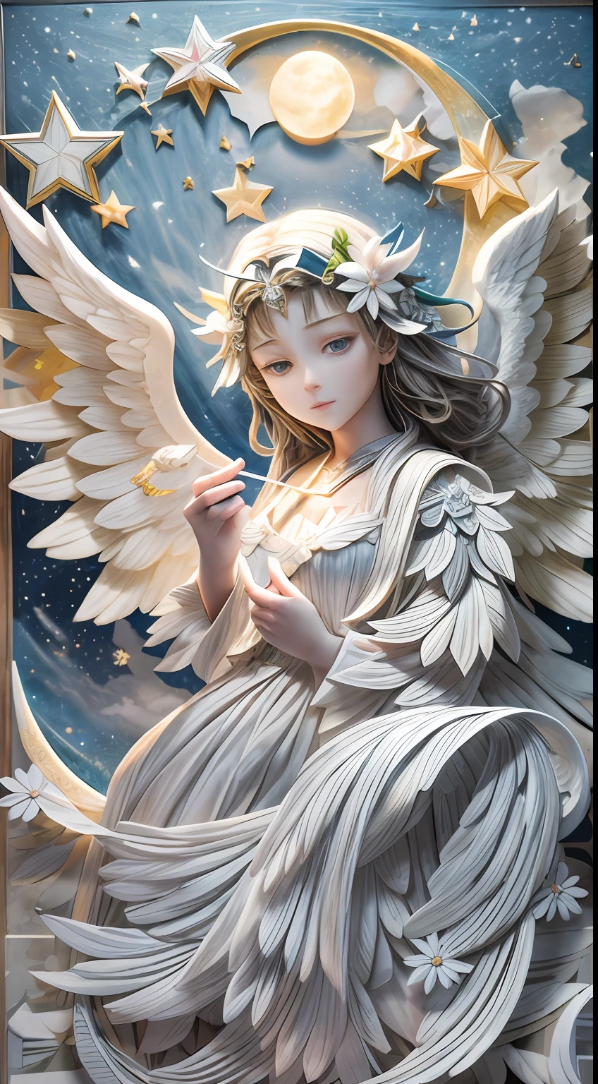 illustration: 1.3), paper art, 3D rendering of, Colorful background, (beautiful angel :1.3), (Masterpiece star:1.2)(Masterpiece Moon:1.2) , Colorful, Best quality, Detailed details, Masterpiece, offcial art, movie light effect, 4K, Chiaroscuro , Flash