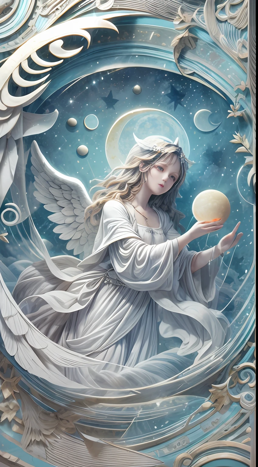 illustration: 1.3), paper art, 3D rendering of, Colorful background, (beautiful angel :1.3), (Masterpiece star:1.2)(Masterpiece Moon:1.2) , Colorful, Best quality, Detailed details, Masterpiece, offcial art, movie light effect, 4K, Chiaroscuro , Flash
