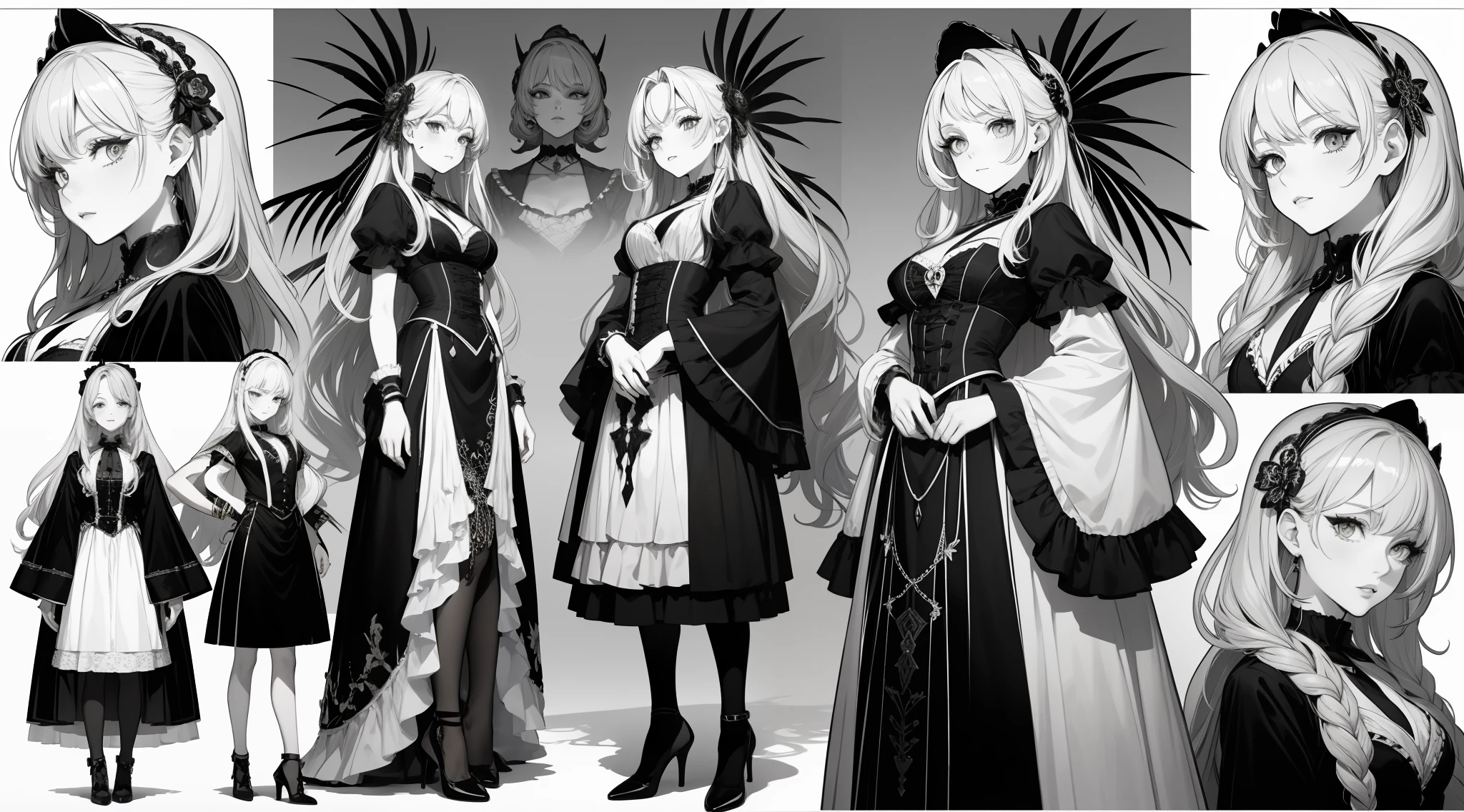 Three-view of roles,character design,Character design,Three View,full bodyesbian,frontage,Lateral face,on back,Set,Lolita prostitute,Very gorgeous,Maximalism,extreme hight detail,RococoStyle,Super long hair,Complex accessories,Complex hairstyles,Jewelled