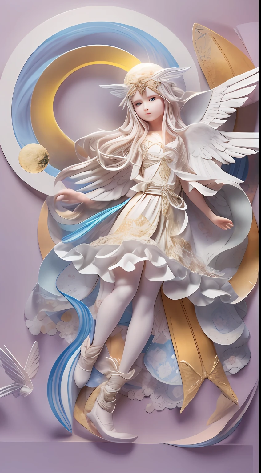 illustration: 1.3), paper art, 3D rendering of, Colorful background, (beautiful angel :1.3), (Masterpiece star:1.2)(Masterpiece Moon:1.2) , Colorful, Best quality, Detailed details, Masterpiece, offcial art, movie light effect, 4K, Chiaroscuro , Flash
