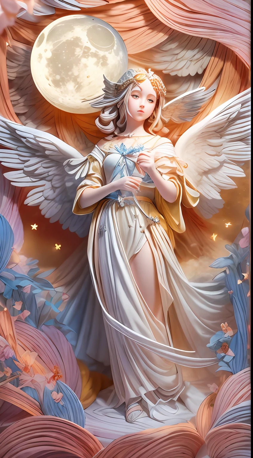 illustration: 1.3), paper art, 3D rendering of, Colorful background, (beautiful angel :1.3), (Masterpiece star:1.2)(Masterpiece Moon:1.2) , Colorful, Best quality, Detailed details, Masterpiece, offcial art, movie light effect, 4K, Chiaroscuro , Flash