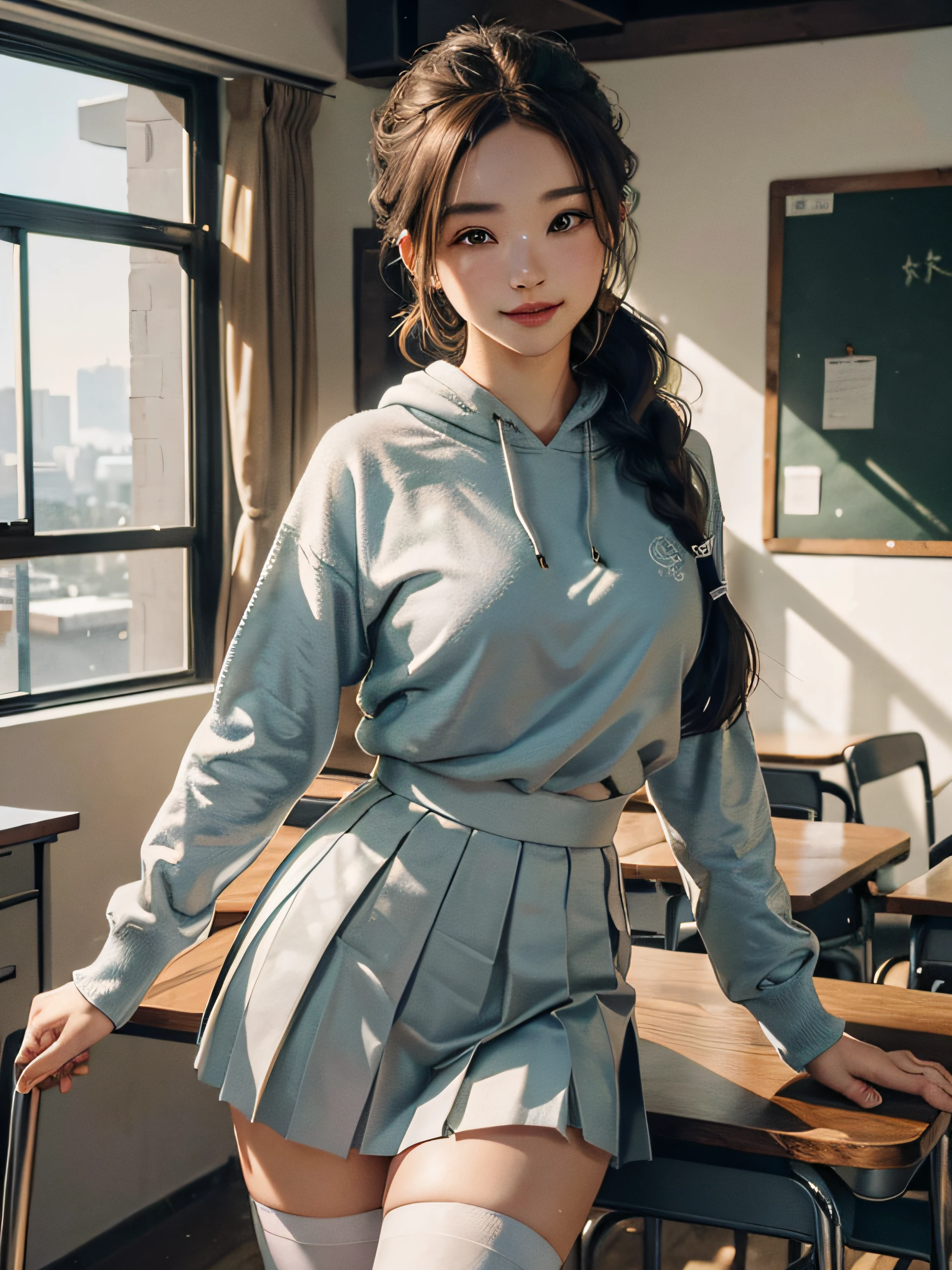 teens girl，with a round face，Perfect body，freckle，Bee waist，Cocked buttocks，Blue sweatshirt，Brown pleated skirt，dewpoint，drools，（（sweat leggs））），Akimbo，Sultry eyes，white stockings，Twist braids，Toothy smile，Ruddy complexion，standing on your feet，In the classroom，the sunset，filigree，Hyper-realistic，ultra-detailliert，iintricate，（Very detailed CG unity 8K wallpaper）（best qualtiy），（Most Best Illustration），（Best shadow），high definition detail，HighDynamicRange，tmasterpiece，grand master