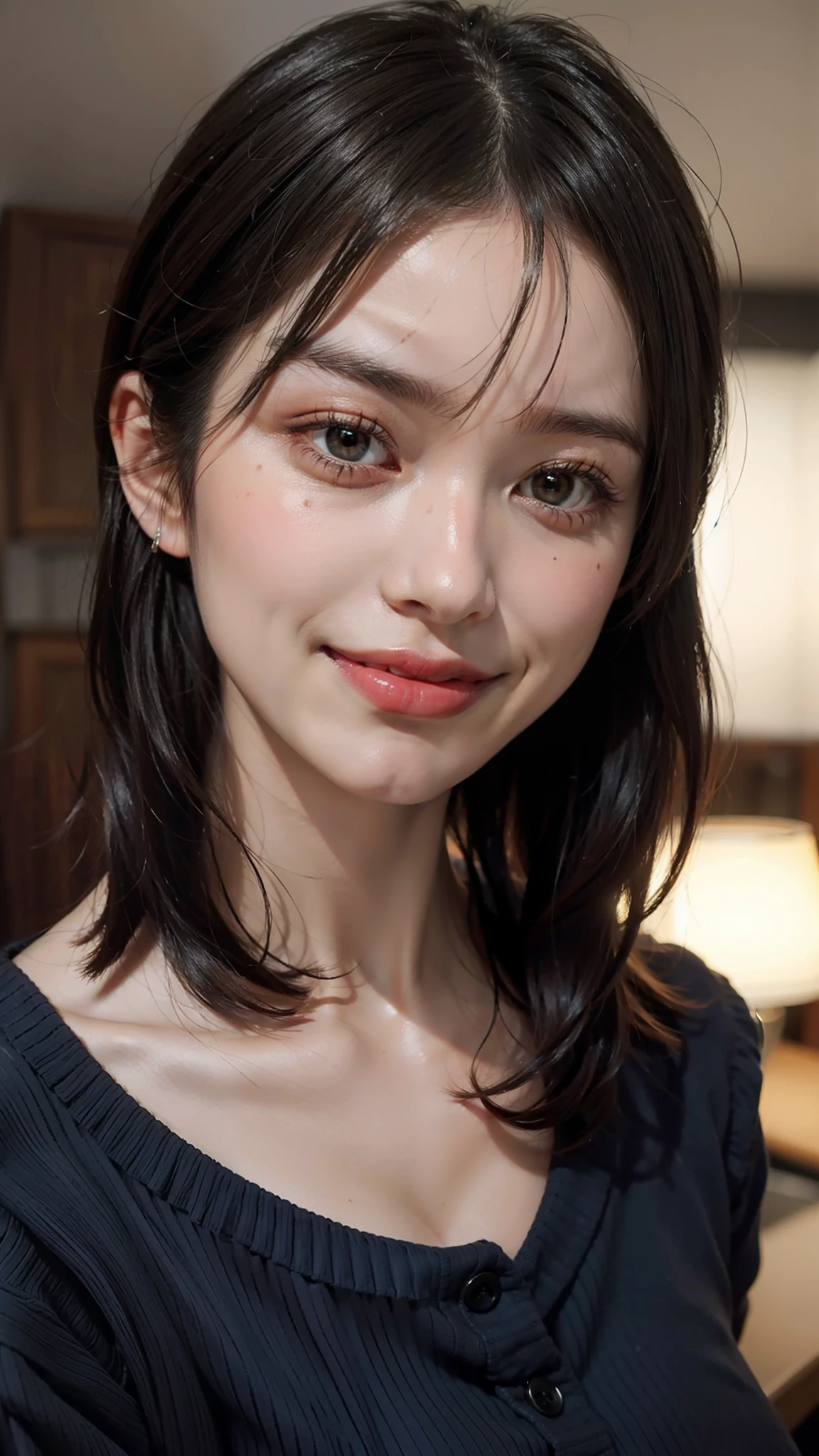 A woman in her 20s, smiling, cute, facing here, very close, 4K, 4D,