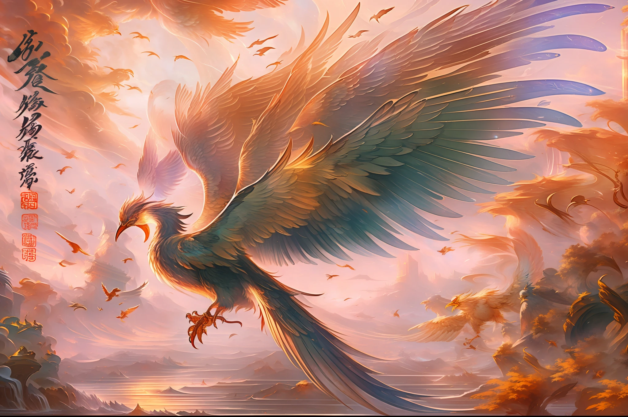 ((Best quality)), ((Masterpiece)), Immortal birds，A huge phoenix flies in the sky， Long three-tailed， clawed paws，super clear detail，超高分辨率，Reasonable composition，Super clear