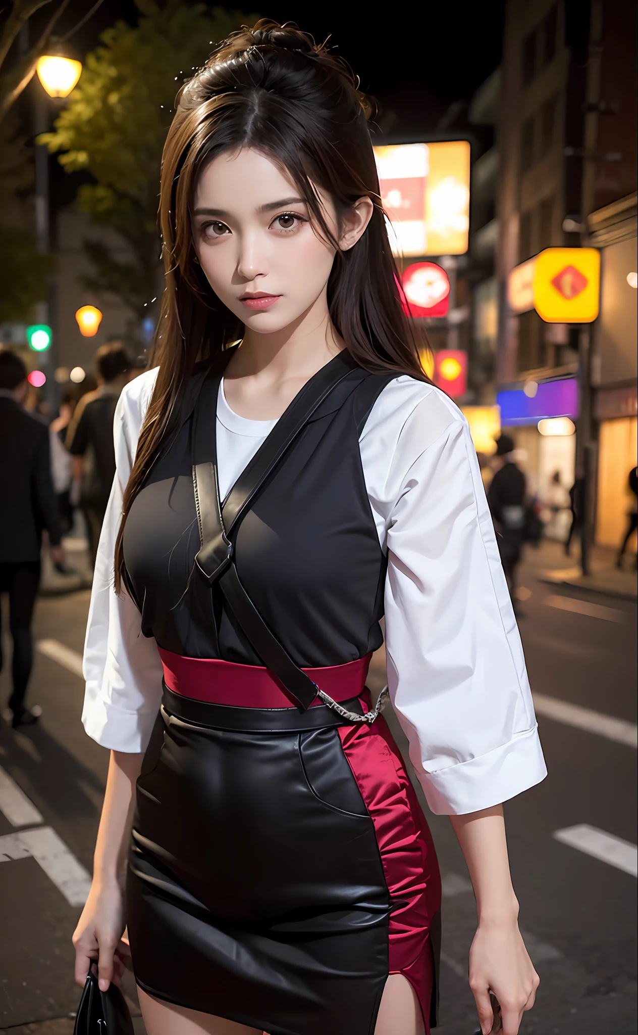 1girl, Tokyo street, noite, paisagem urbana, luzes da cidade, parte superior do corpo, close-up, 8k, foto RAW, melhor qualidade, obra-prima, realista, fotorrealista, Red rose harness, franja repartida, cabelos longos,peito grade.muda o lugar muda o cabelo