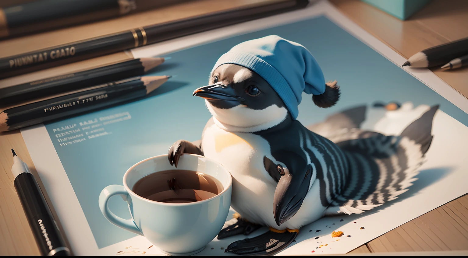 Create a realistic drawing of a penguin cub with a blue cap holding a cup of tea