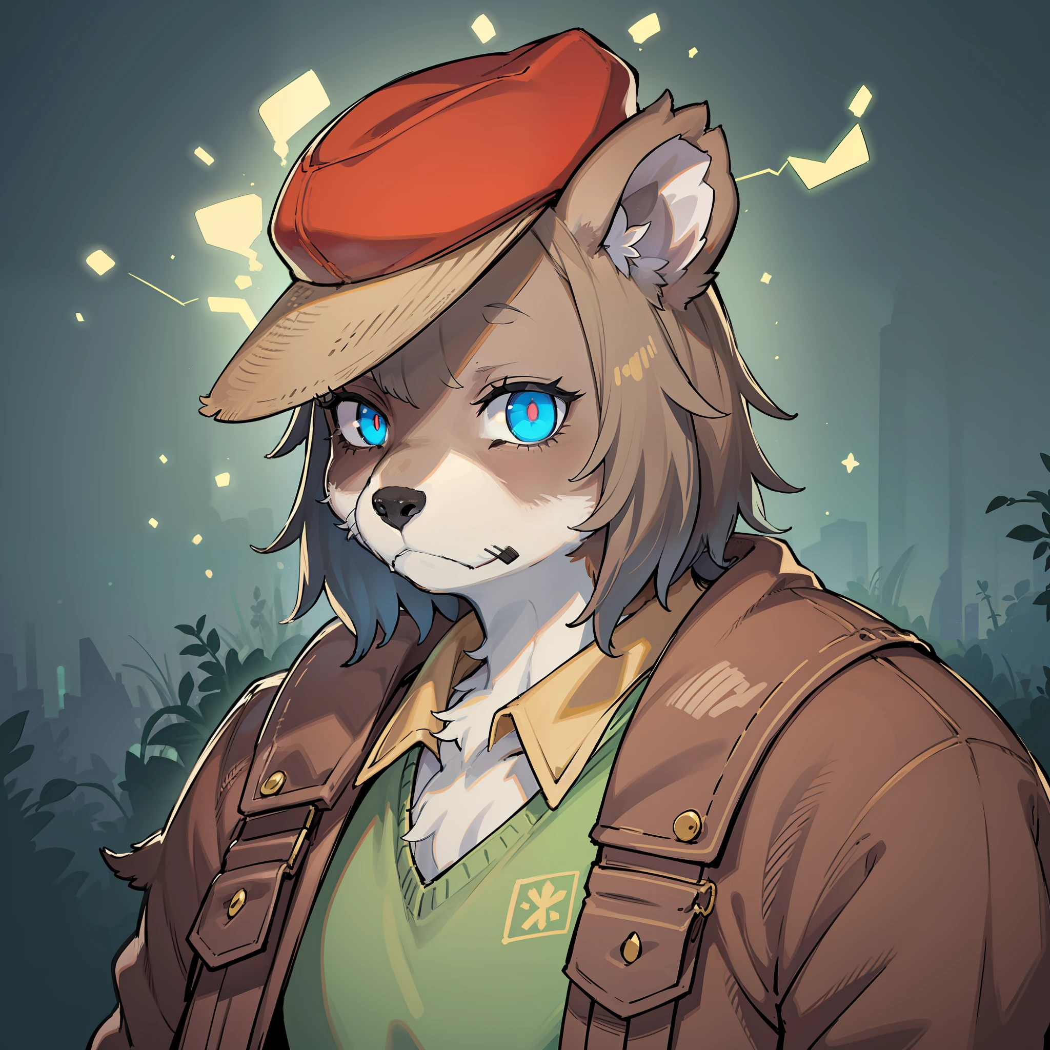 There is a little brown bear with a hat and a green shirt, Has glowing blue eyes, Handsome portrait, furry , with glowing eyes, sad expressions, Large glowing sad eyes, professional furry drawing, Shadow art style, Moe,brown bear,male people