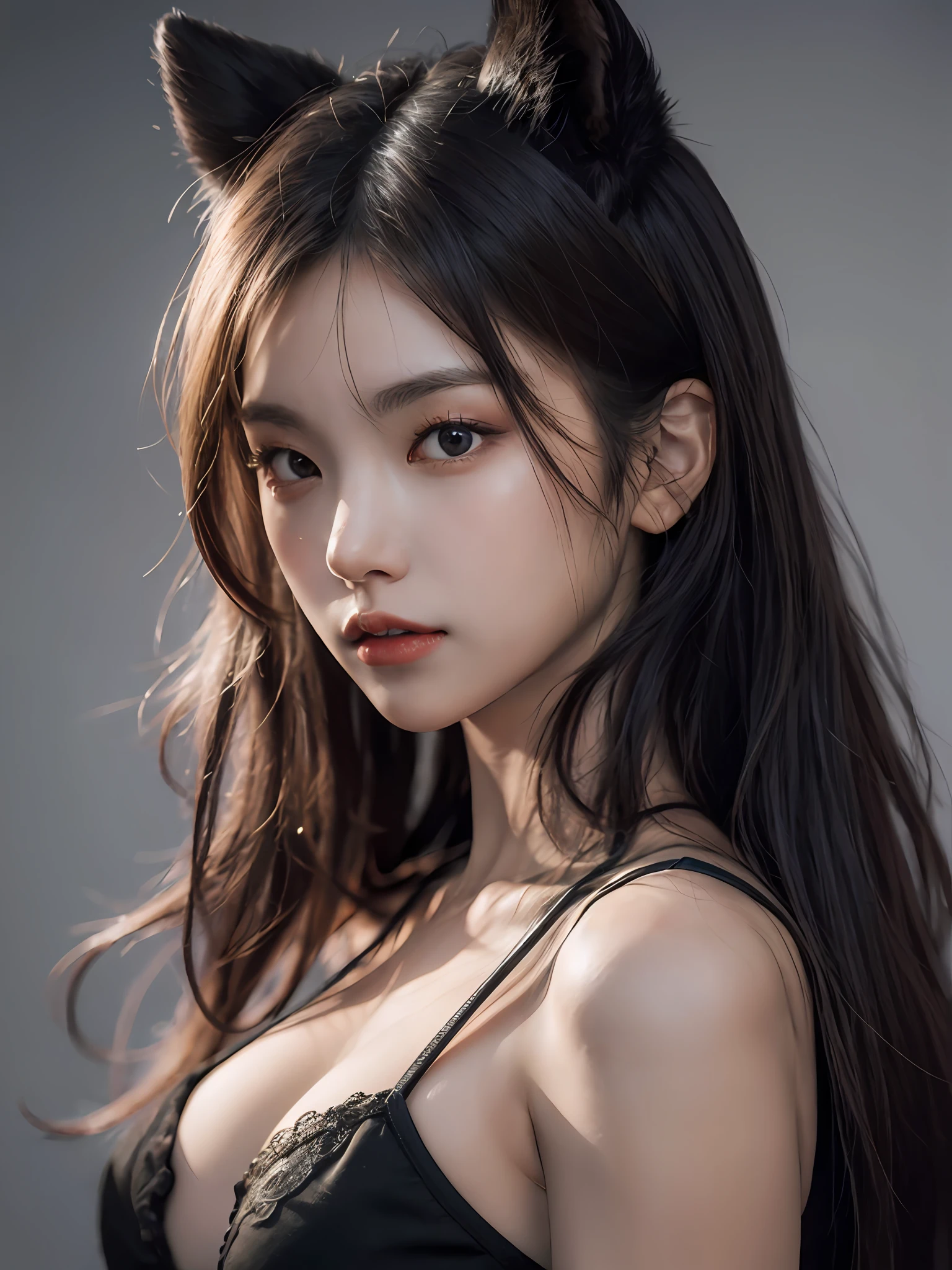 a picture、The upper part of the body、Female, 20 years old、The long-haired、dark themed、Subdued Color、highcontrast、(natural skin textures、Hyper-Realism、sharp:1.2)、(simple background)、hyper realisitic、analogue、Beautiful cleavage