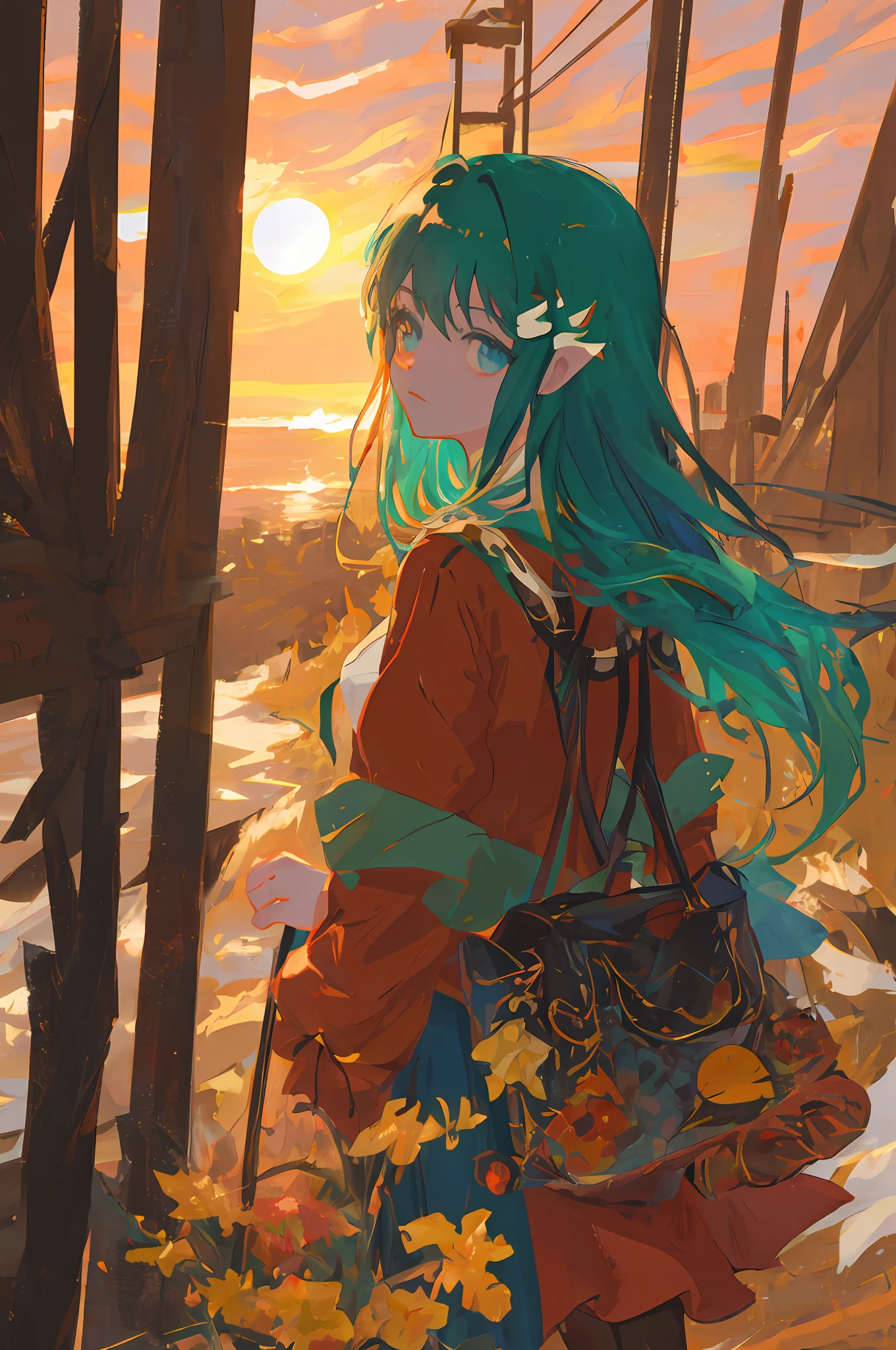 Sunset sun shadow, Close-up avatar, atmosphere, Anime, Red clothes, Antique，Crop to face，Change your hair to white