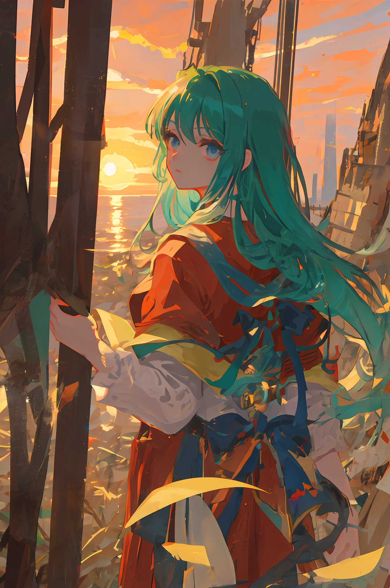 Sunset sun shadow, Close-up avatar, atmosphere, Anime, Red clothes, Antique,Crop to face,Change your hair to white