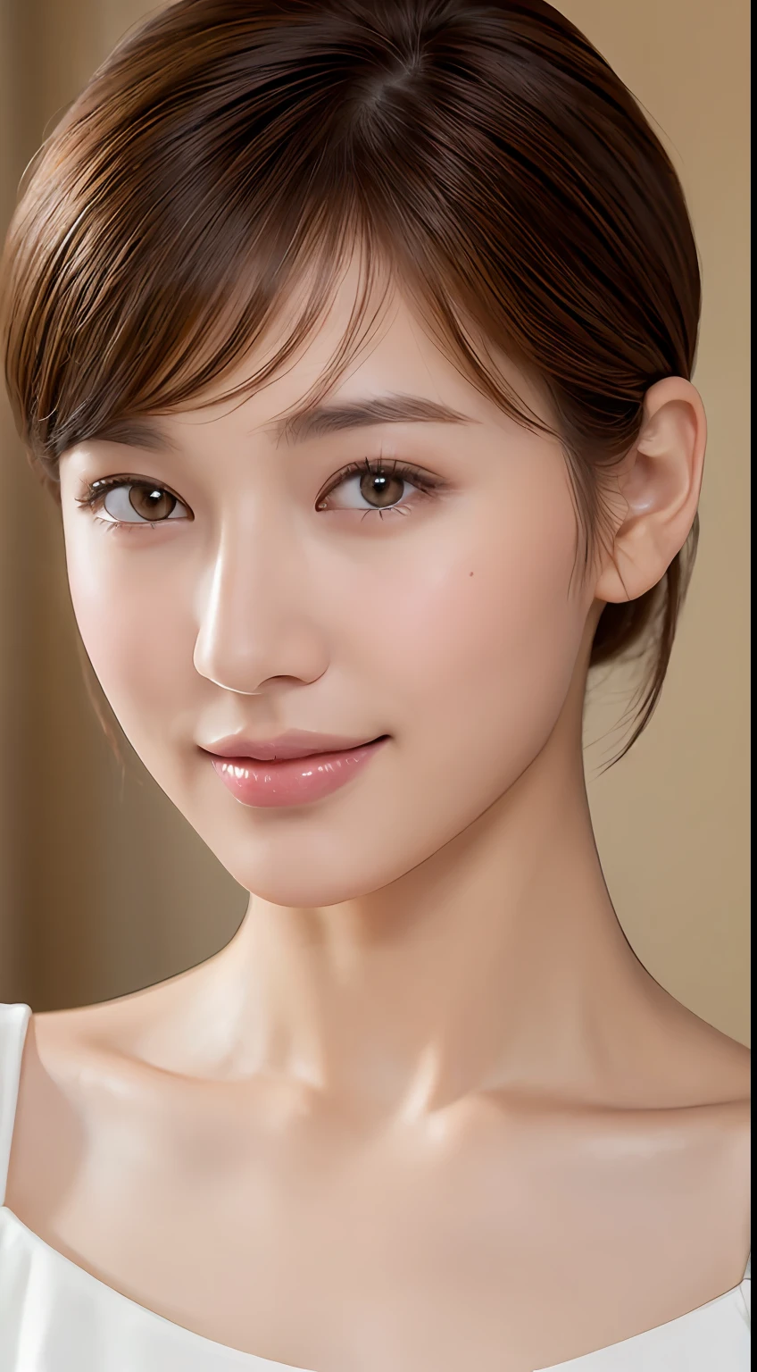 ((Best Quality, 8K, Masterpiece: 1.3)), 1 Girl, Slim Abs Beauty: 1.3, (Hairstyle Brown Hair Shortcut, Big: 1.2), Dress: 1.1, Super Slender Face, Delicate Eyes, Double Eyelids, Smile, Home, Raw Photo