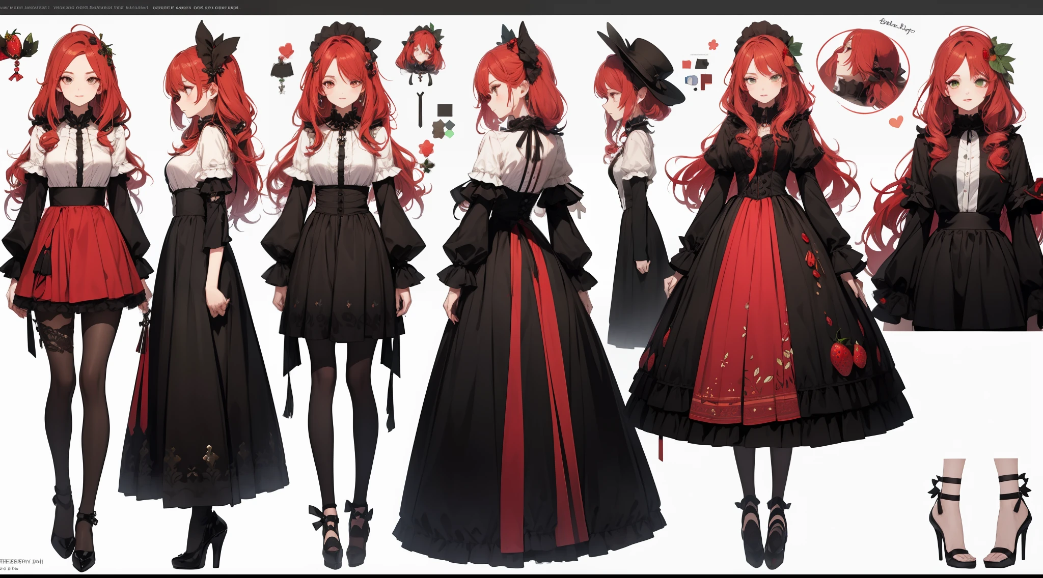 clothing design,character design,Character design,full bodyesbian,frontage,Lateral face,on back,Set,ta prostitute,Very gorgeous,Maximalism,extreme hight detail,RococoStyle,Super long hair,Complex accessories,Complex hairstyles,Strawberry theme,dark red color,green color,strawberry hair ornament,Strawberry-shaped gemstone,Skirts of various materials,Different fabrics,Different brightness and saturation