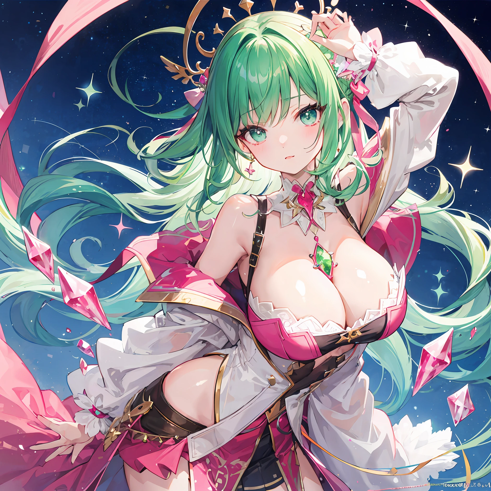 top-quality、hiquality、Green Hair Girl、Chest is big、Glittery Pink Gemstones、