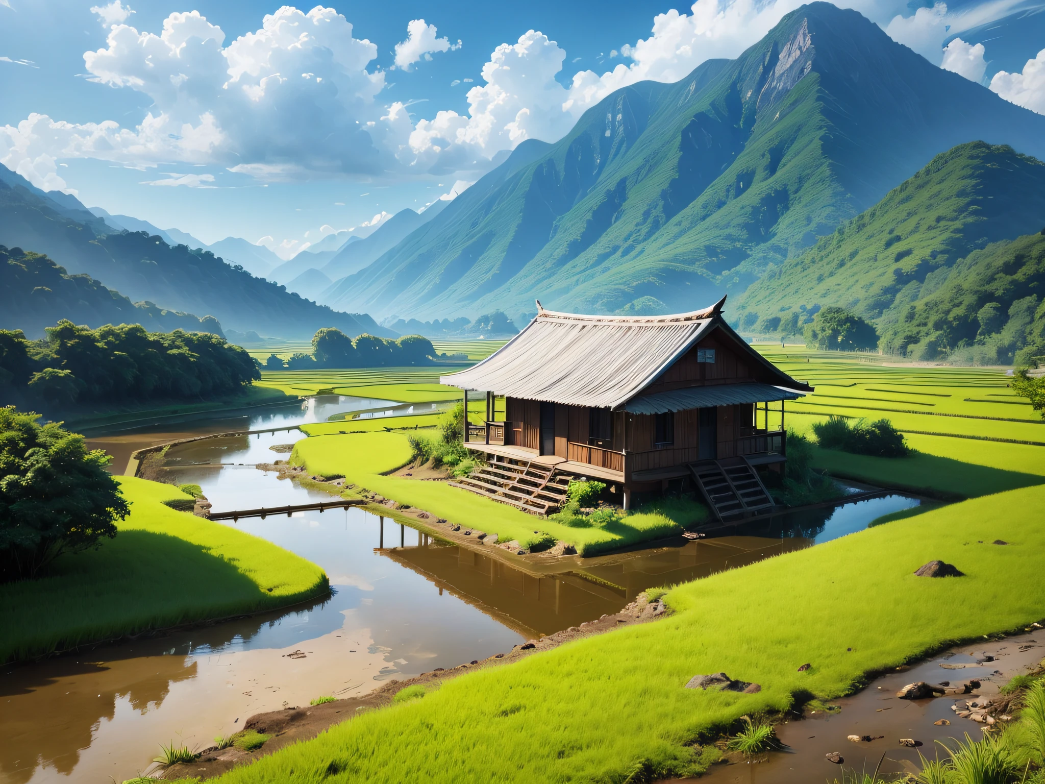 Scenery，ricefield，small stream，Mountains，with blue sky and white clouds，Wagas，high qulity，4K，k hd --auto