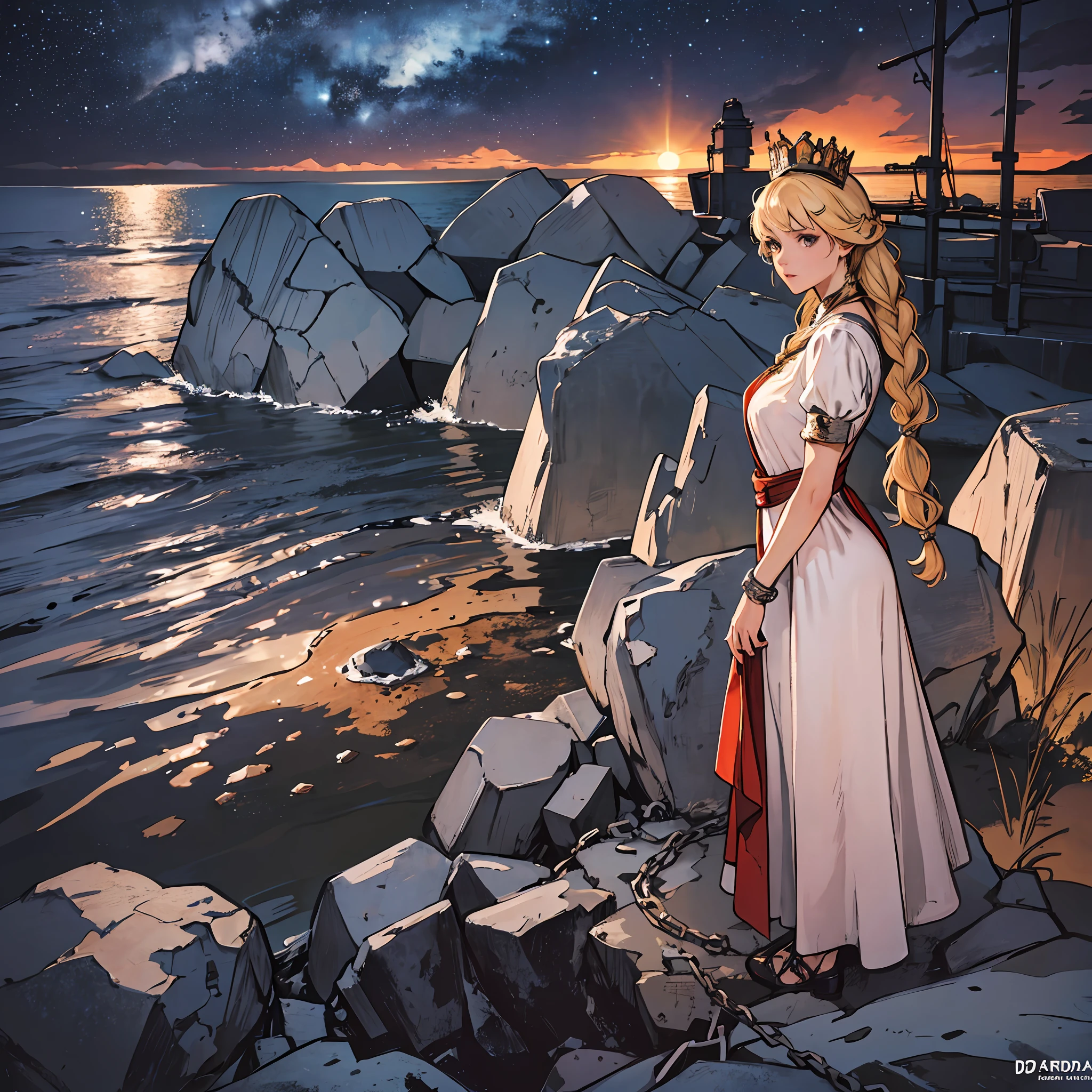 arafed, high details, best quality, 8k, [ultra detailed], masterpiece, best quality, (extremely detailed), a picture of a princess tied to a massive rock (1.3 Masterpiece, intense details) in a stormy sea (1.3 Masterpiece, intense details) with chains at night, blond hair hair, braided hair, crown (1.3 Masterpiece, intense details), white dress (1.4 Masterpiece, intense details), star light, distressed, Andromeda constellation in the background (1.4 Masterpiece, intense details), Ultra-Wide Angle, high detail, award winning, best quality, HD, 8K, 3D rendering, high details, best quality, highres, ultra wide angle, 3D rendering, [[anatomically correct]]