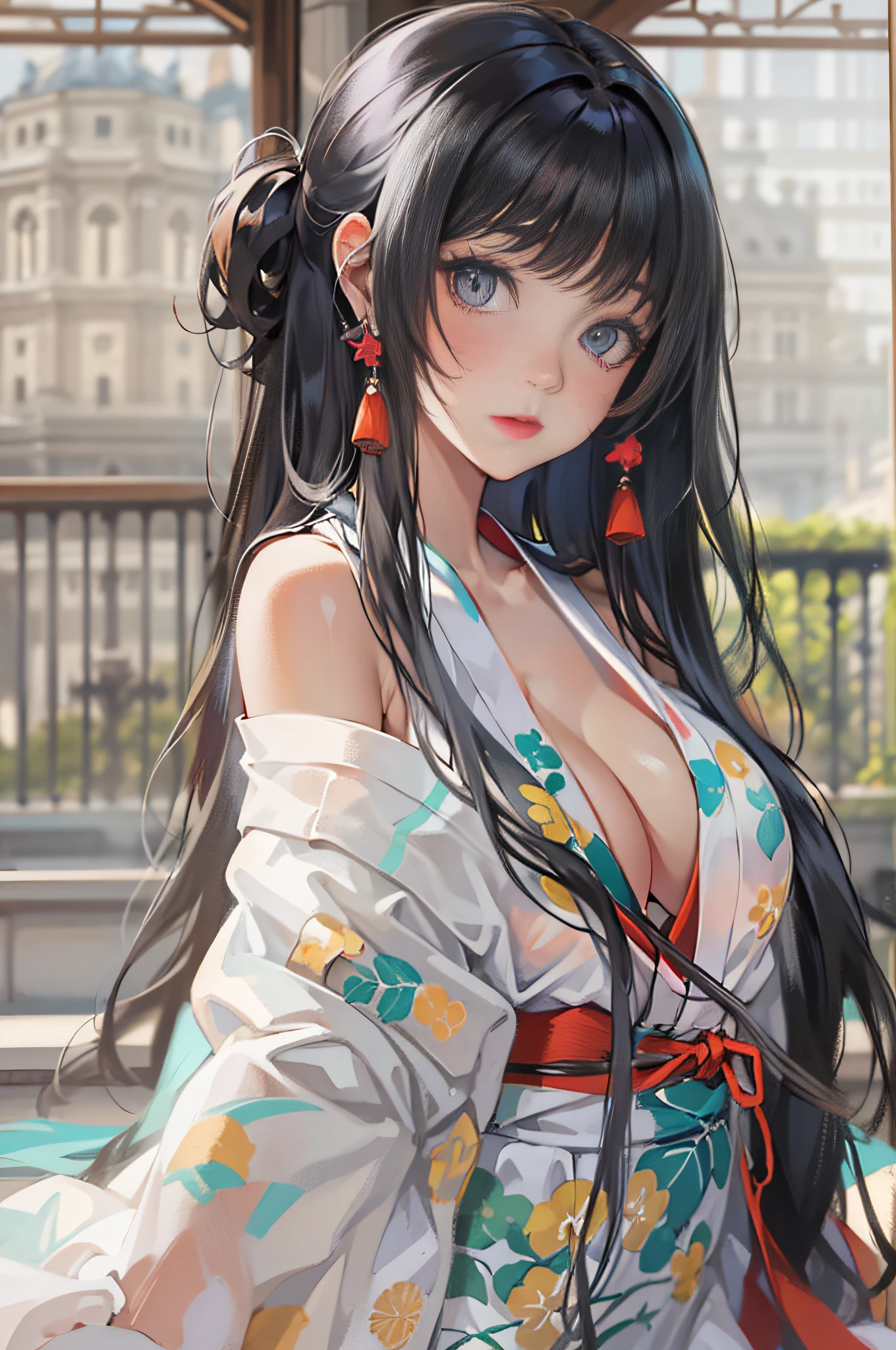 32 year old beautiful woman with attractive long black hair、Double eyelids、The background is the Palace of Versailles in France、Looking here、One white see-through yukata that sticks to bare skin、very large breast、wide open legs、The color and shape of the tip of the chest is visible 、You can see the color and shape of the areola、You can see through a lot of pubic hair、The entire chest shows through、