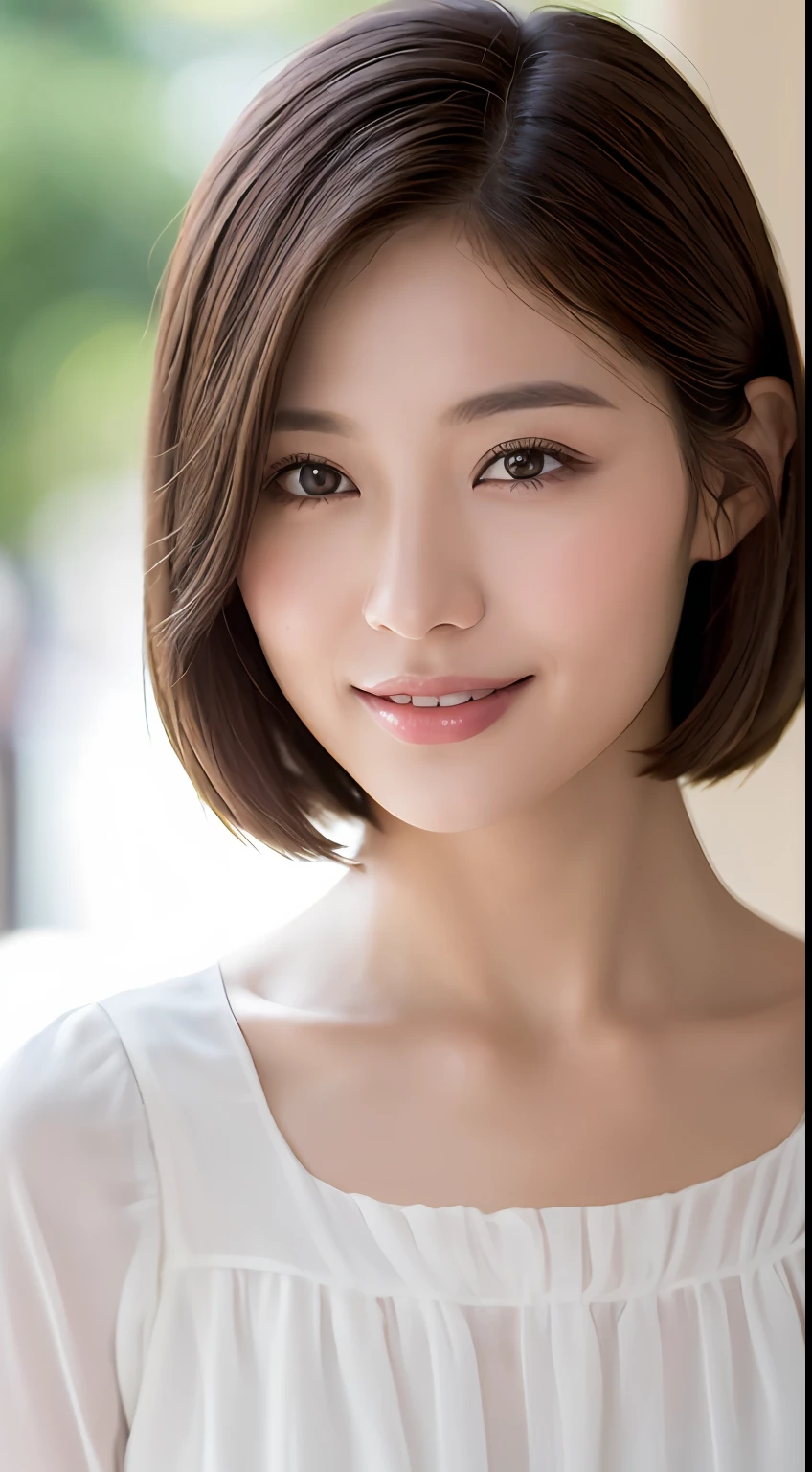 ((Best Quality, 8K, Masterpiece: 1.3)), 1 Girl, Slim Abs Beauty: 1.3, (Hairstyle Brown Hair Shortcut, Big: 1.2), Dress: 1.1, Super Slender Face, Delicate Eyes, Double Eyelids, Smile, Home, Raw Photo