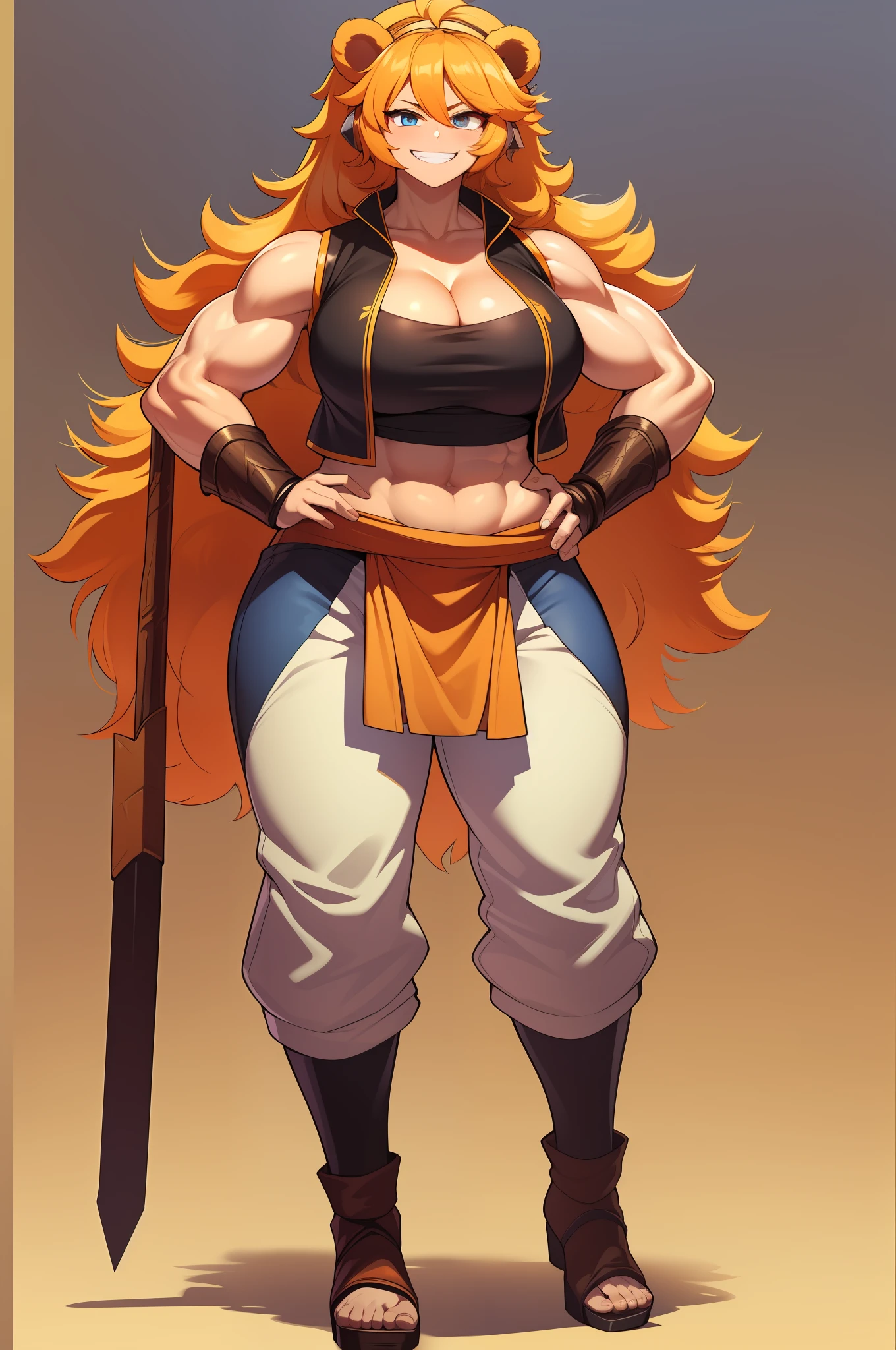 Processus, cheveux orange, grosse poitrine, cheveux longs, cheveux vivants, , seul,, Muscular girl, Grande femelle, sourire, full body, pants, vest, berserker, warrior, revealing cloths, amazone, tribal clothing,kimono, monk, bear ears, portrait