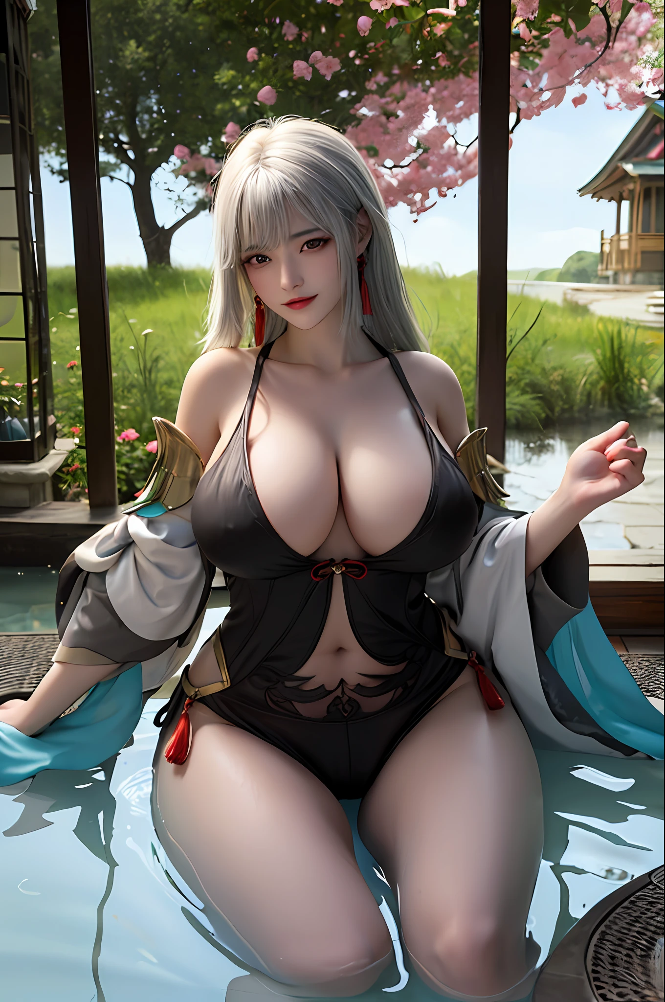 delicated best quality ,masterpiece, illustration, an extremely delicate and beautiful, extremely detailed ,CG ,unity ,8k wallpaper, Amazing, finely detail, masterpiece,best quality,official art,extremely detailed CG unity 8k wallpaper,absurdres, incredibly absurdres, huge filesize , ultra-detailed, highres, extremely detailed,beautiful detailed girl, extremely detailed eyes and face, beautiful detailed eyes,light on face,1girl, (shenhe\genshin impact), (Super realistic), (((White hair))), (single braids), Long hair, (blue eyes), ((long bangs covering one eye)), (((hair on one eye))), (((bangs cover right eye))), ((jewelry)), ((tassel earrings)), (((describe the arm in detail))), (((Super boobs))), ((Big ass)), ((thighs)), big Long legs, ((stockings)), ((Plump body)), (Big breasts), ((Plump boobs)), (detailed hair description),
(Bare shoulder), ((collarbone)), ((offshoulder)), (Shiny skin), (detailed description of face), (detailed description of body), (white and translucent skin), peerless beauty, (extreme beauty), (red lips), (shy ), ( smile), , ((cherry blossom)), (falling petal), ((long sleeves)), ((wide sleeves)), thin silk, penetration, ( in the Japanese hot spring), ((facing the viewer)), ((facing)), , ((any pose)), (sit and soak in the water)), ((There is a lot of water on the body))
