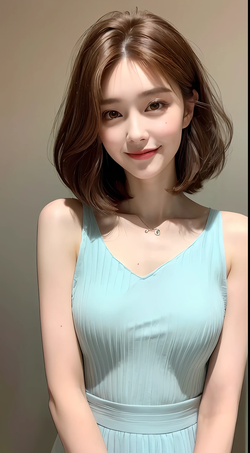 ((Best Quality, 8K, Masterpiece: 1.3)), 1 Girl, Slim Abs Beauty: 1.3, (Hairstyle Brown Hair Shortcut, Big: 1.2), Dress: 1.1, Super Slender Face, Delicate Eyes, Double Eyelids, Smile, Home, Raw Photo