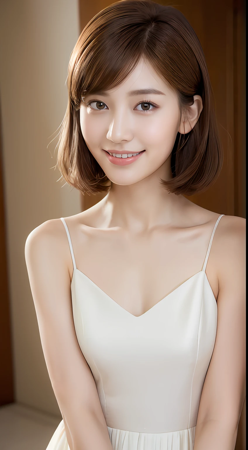 ((Best Quality, 8K, Masterpiece: 1.3)), 1 Girl, Slim Abs Beauty: 1.3, (Hairstyle Brown Hair Shortcut, Big: 1.2), Dress: 1.1, Super Slender Face, Delicate Eyes, Double Eyelids, Smile, Home, Raw Photo
