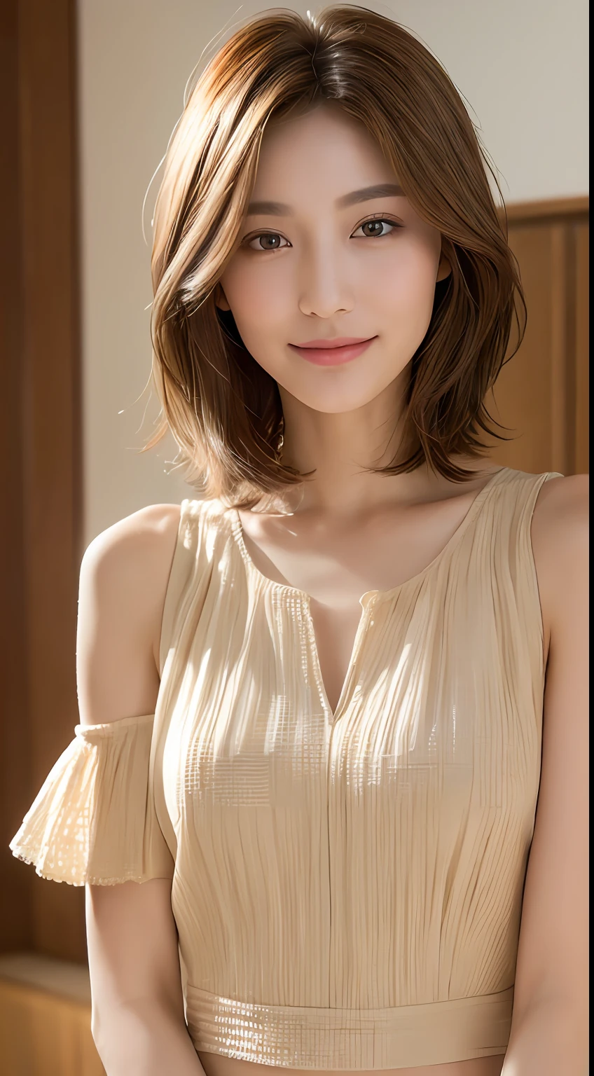 ((Best Quality, 8K, Masterpiece: 1.3)), 1 Girl, Slim Abs Beauty: 1.3, (Hairstyle Brown Hair Shortcut, Big: 1.2), Dress: 1.1, Super Slender Face, Delicate Eyes, Double Eyelids, Smile, Home, Raw Photo