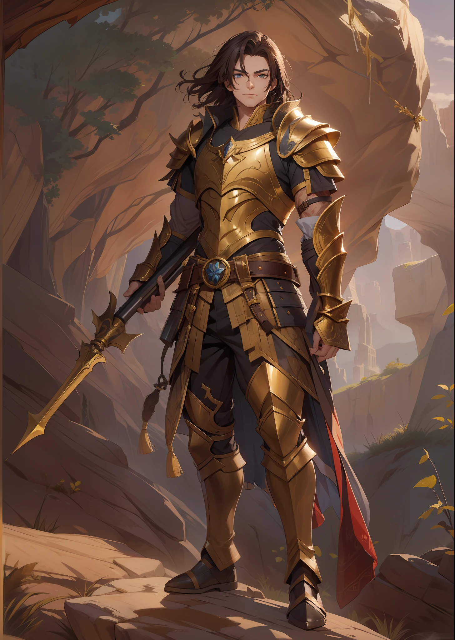male people,shoun,brunette color hair,short detailed hair,full bodyesbian,standing on your feet,Golden eyes,Unruly smile,Leather armor,The brave,The weapon used was a spear,2-meter long gun,canyon background,In the daytime,Sun,self-assured,high qulity