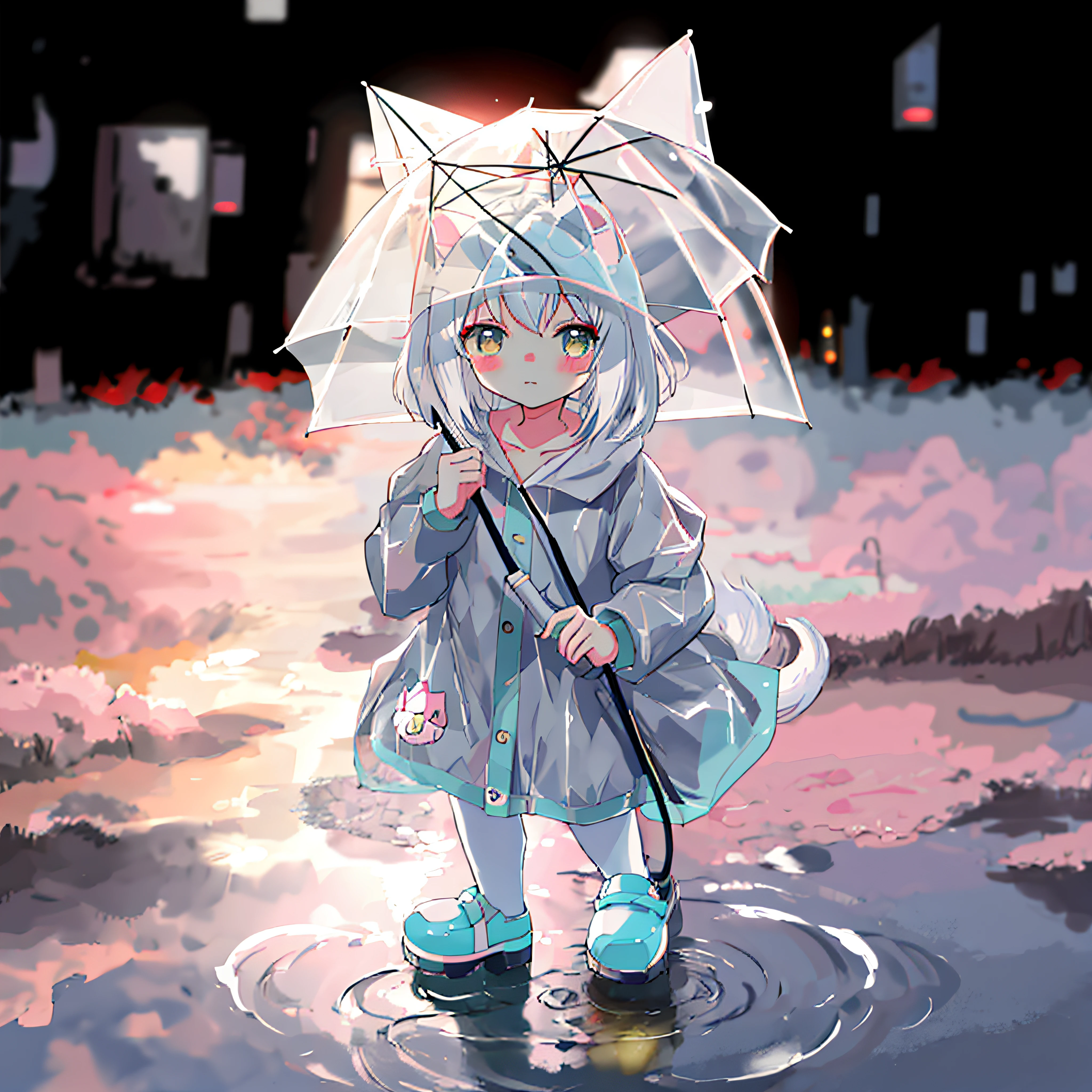 Anime girl standing in a puddle，Wearing a raincoat and holding an umbrella, cute anime catgirl, lovely art style, Cute!! tchibi!!! Cat woman, Guviz-style artwork, Cute detailed digital art, White Cat Girl, Cute anime, advanced digital chibi art, adorable digital art, beautiful anime catgirl, Cute anime style, cute artwork, Guviz