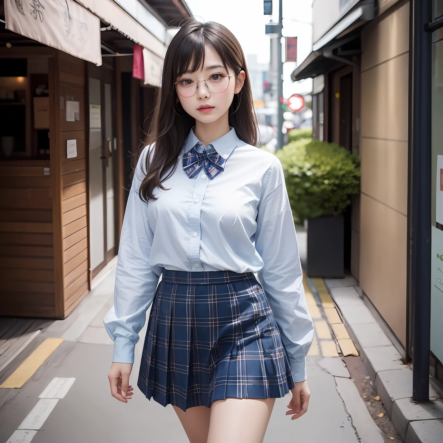 (8K、Raw photography、top-quality、masterpiece:1.2),full body Esbian,masterpiece,top-quality、超A high resolution,Raw photo,ren,Beautiful fece,One Person, 独奏,eye glass,,Dark look,Small breasts,fullllbody,Round glasses、cute little、A Japanese Lady,is standing,(Tight eyes,Bullish,skinny,Rasping,irate,small tits,flat breast)、(Photorealsitic:1.37)、Photon mapping,Light blue ribbon,Realistic、Cute little face,Brown-eyed、Black socks、Red bow tie、Radio City、Physically Based Rendering、Foreground、depth of fields、Blurry background、a picture,The girls、Body, Long legs, Thin leg, Single knot ponytail,Let your hair flow forward、(Bangs are visible), hair, s lips, Blue_The eye, nosesoft, Light blue shirt, Navy blue and blue and white plaid pleated skirt, Sheer clothing,, Thigh, Black cotton socks,Nogizaka Idol, 女優, Japanese ido