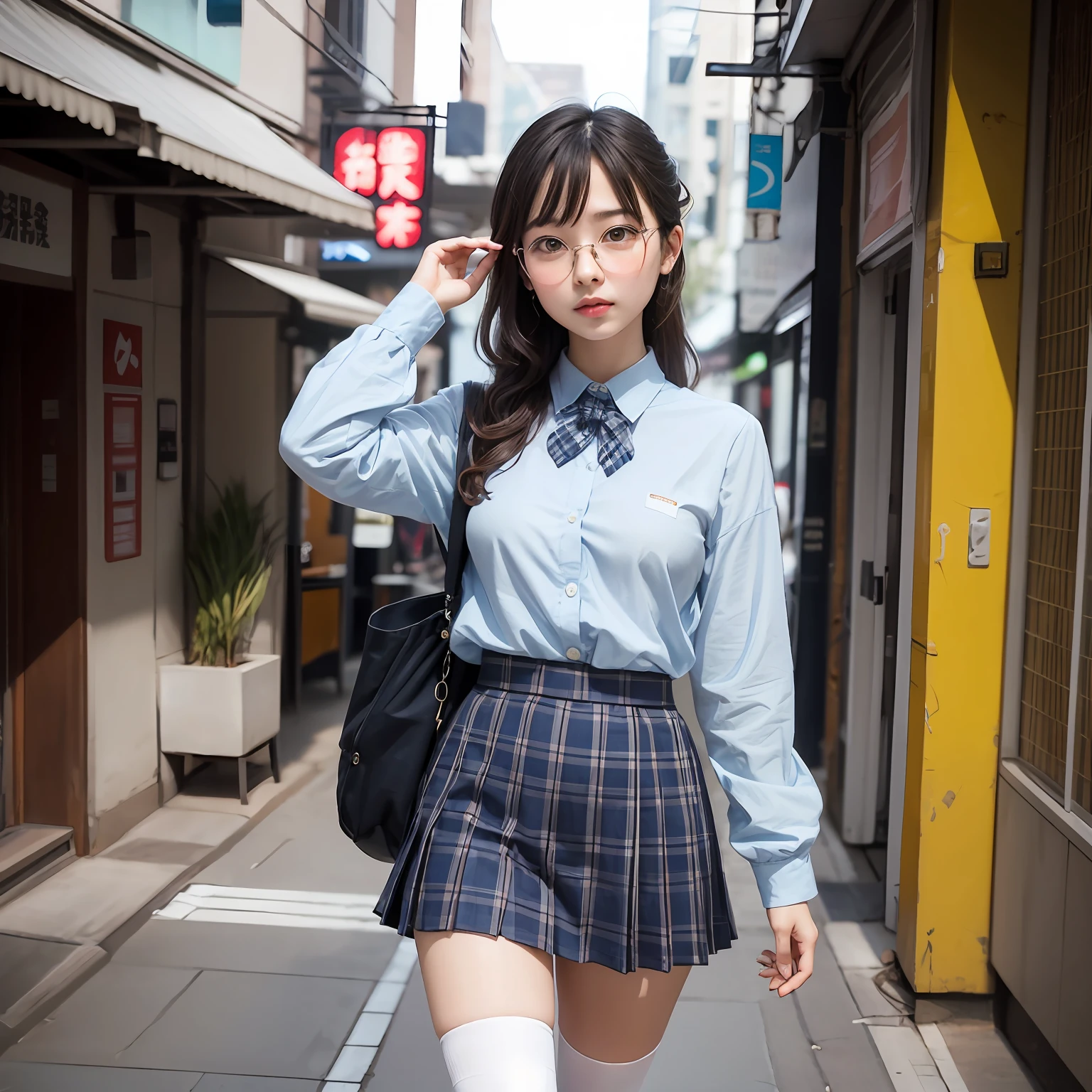(8K、Raw photography、top-quality、masterpiece:1.2),full body Esbian,masterpiece,top-quality、超A high resolution,Raw photo,ren,Beautiful fece,One Person, 独奏,eye glass,,Dark look,Small breasts,fullllbody,Round glasses、cute little、A Japanese Lady,is standing,(Tight eyes,Bullish,skinny,Rasping,irate,small tits,flat breast)、(Photorealsitic:1.37)、Photon mapping,Light blue ribbon,Realistic、Cute little face,Brown-eyed、Black socks、Red bow tie、Radio City、Physically Based Rendering、Foreground、depth of fields、Blurry background、a picture,The girls、Body, Long legs, Thin leg, Single knot ponytail,Let your hair flow forward、(Bangs are visible), hair, s lips, Blue_The eye, nosesoft, Light blue shirt, Navy blue and blue and white plaid pleated skirt, Sheer clothing,, Thigh, Black cotton socks,Nogizaka Idol, 女優, Japanese ido