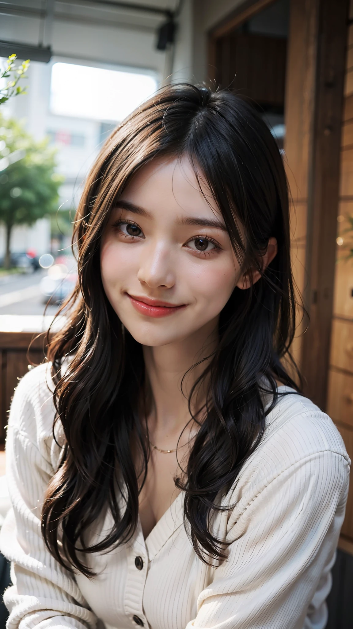 A woman in her 20s, smiling, cute, looking at me, very close, 4K, 4D, one person
