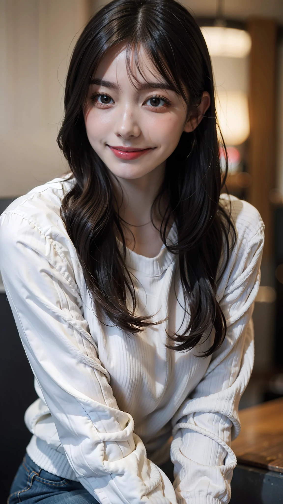 A woman in her 20s, smiling, cute, looking at me, very close, 4K, 4D, one person