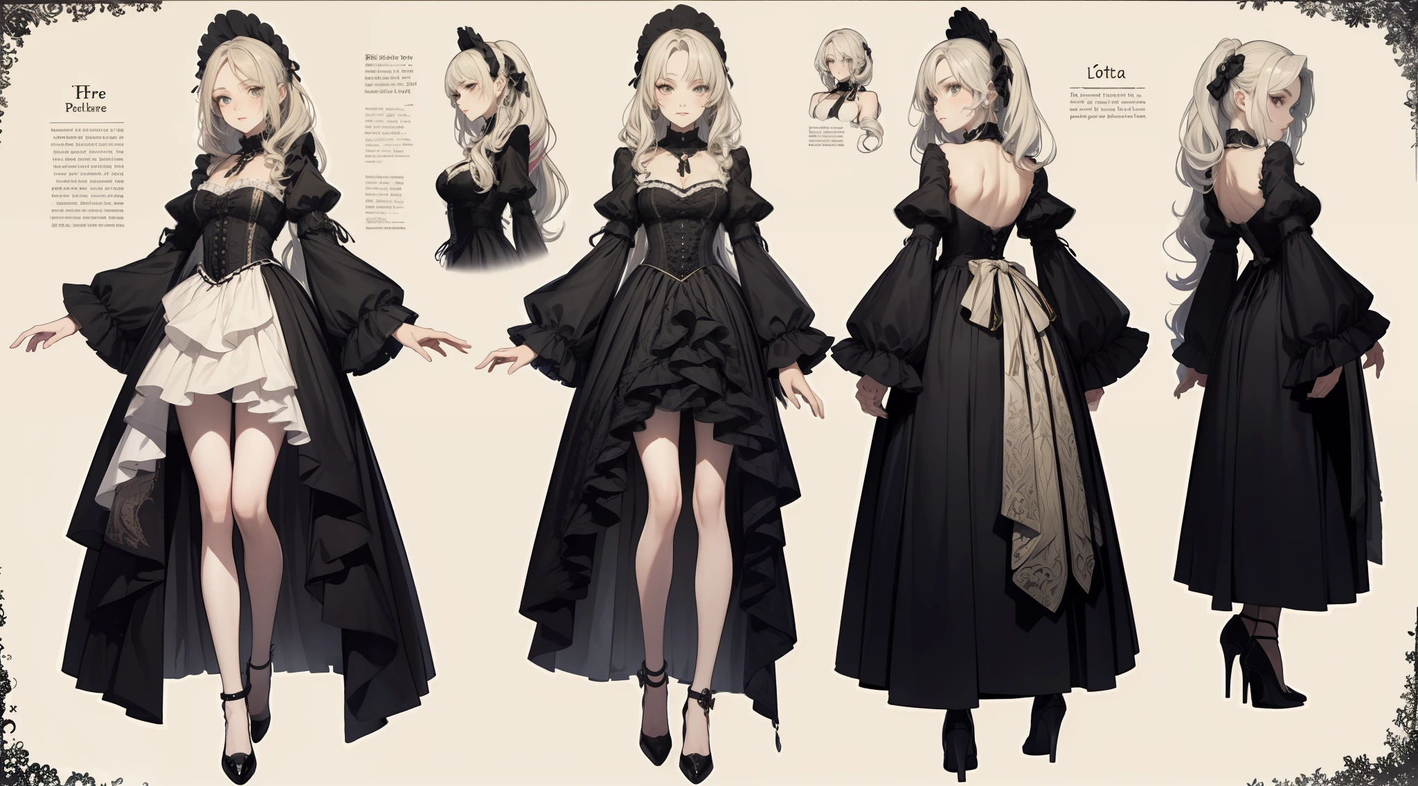 Three-view of roles，character  design，Character design，Three View，full bodyesbian，frontage，Lateral face，on  back，Set，Lolita prostitute，Very gorgeous，Maximalism，extreme hight detail，RococoStyle，Super long hair，Complex accessories，Complex hairstyles，Jewelled