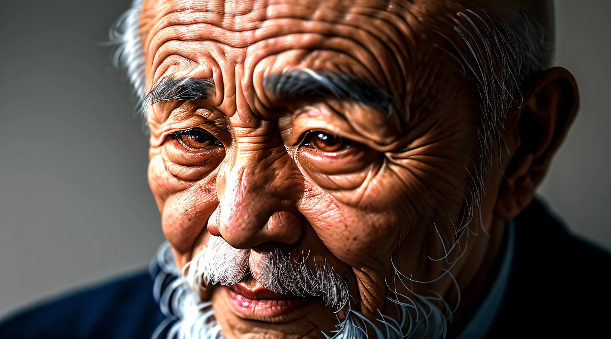 A photographic portrait of an elderly Chinese man, a wise ancient bald, with wrinkled and aged skin. His eyes have a penetrating gaze, and his face displays prominent details. The photograph was taken in a dark studio, with ring light illumination, using a Nikon D850 camera and a 50mm lens with f/1.4 aperture.