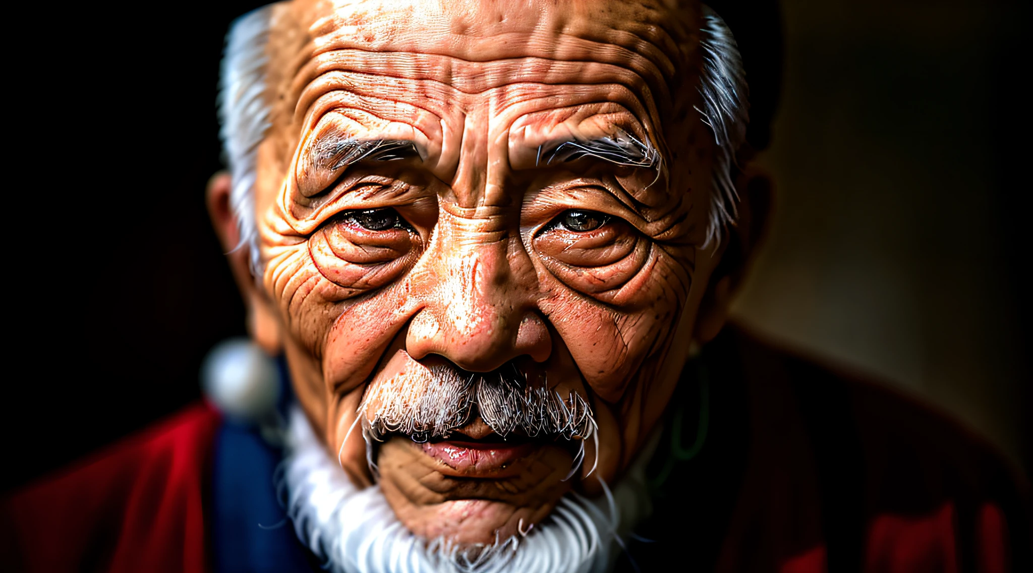 A photographic portrait of an elderly Chinese man, a wise ancient bald, with wrinkled and aged skin. His eyes have a penetrating gaze, and his face displays prominent details. The photograph was taken in a dark studio, with ring light illumination, using a Nikon D850 camera and a 50mm lens with f/1.4 aperture.